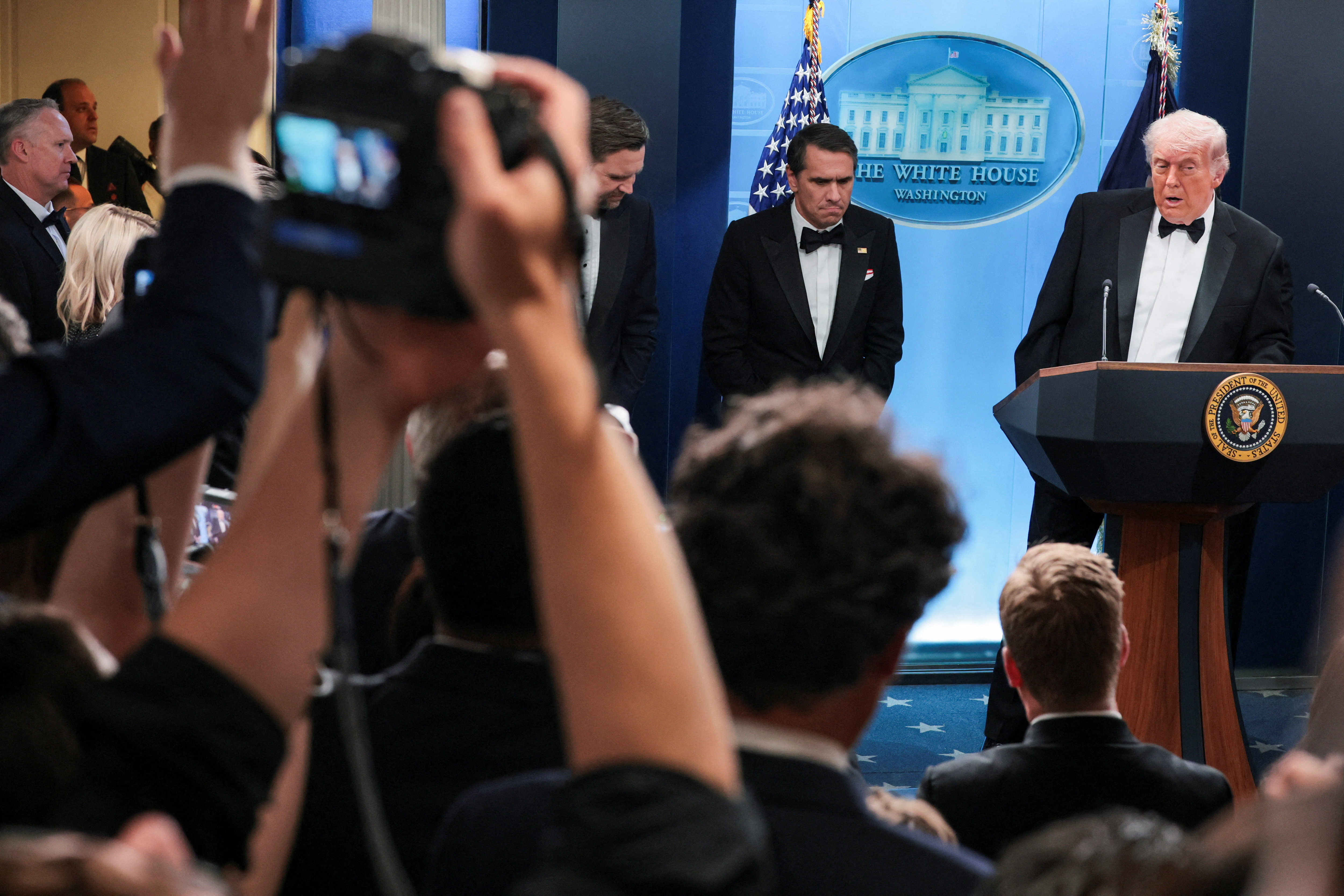 U.S. President Donald Trump holds a press briefing at the White House, following a shooting incident during the annual White House Correspondents’ Association dinner, in Washington, D.C., U.S., April 25, 2026 REUTERS/Jonathan Ernst