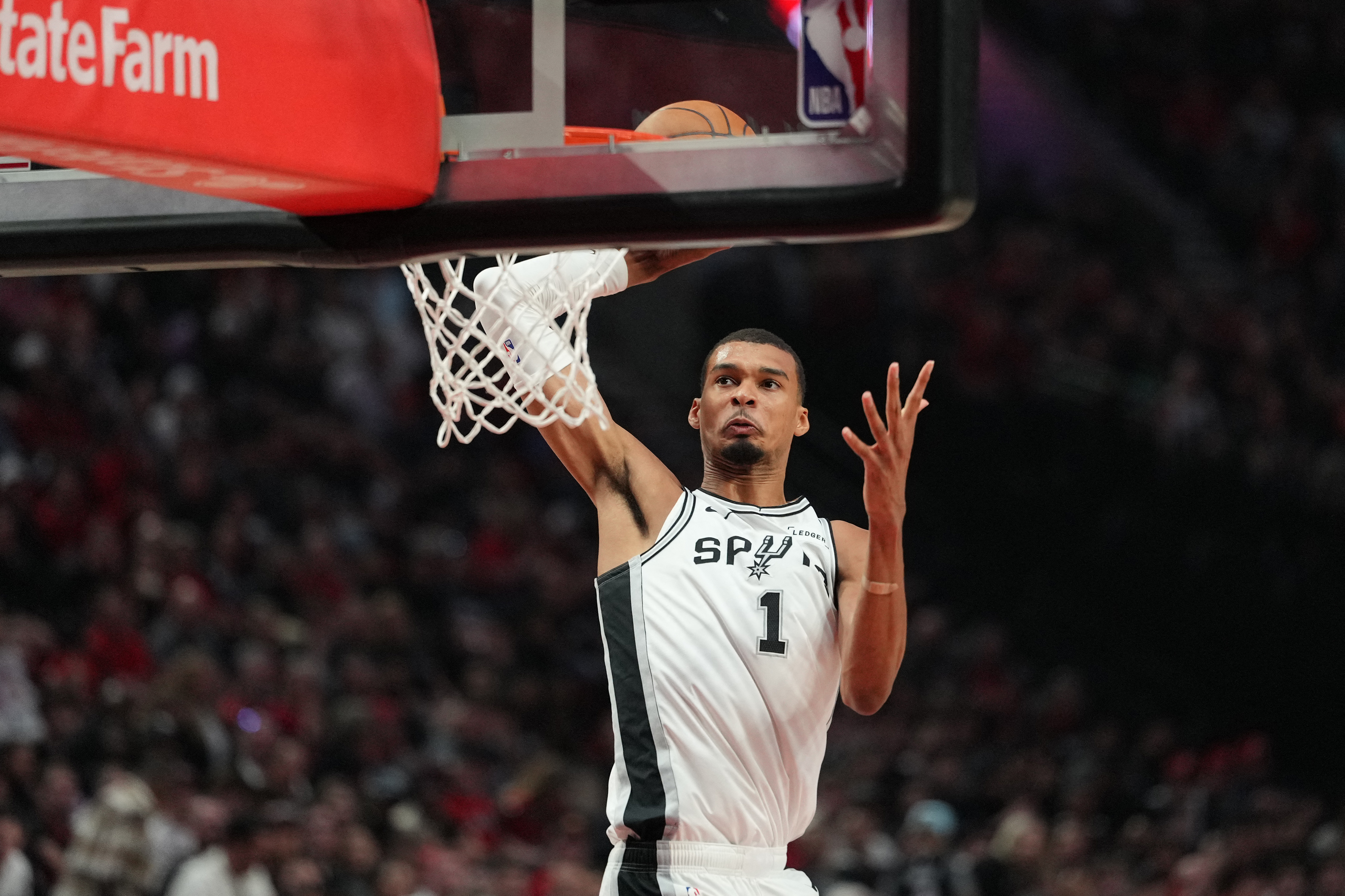 PORTLAND, OREGON - APRIL 26: Victor Wembanyama #1 of the San Antonio Spurs dunks the ball during the first half of Game Four of the Western Conference First Round Playoffs against the Portland Trail Blazers at Moda Center on April 26, 2026 in Portland, Oregon. NOTE TO USER: User expressly acknowledges and agrees that, by downloading and or using this photograph, User is consenting to the terms and conditions of the Getty Images License Agreement. Soobum Im/Getty Images/AFP (Photo by Soobum Im / GETTY IMAGES NORTH AMERICA / Getty Images via AFP)