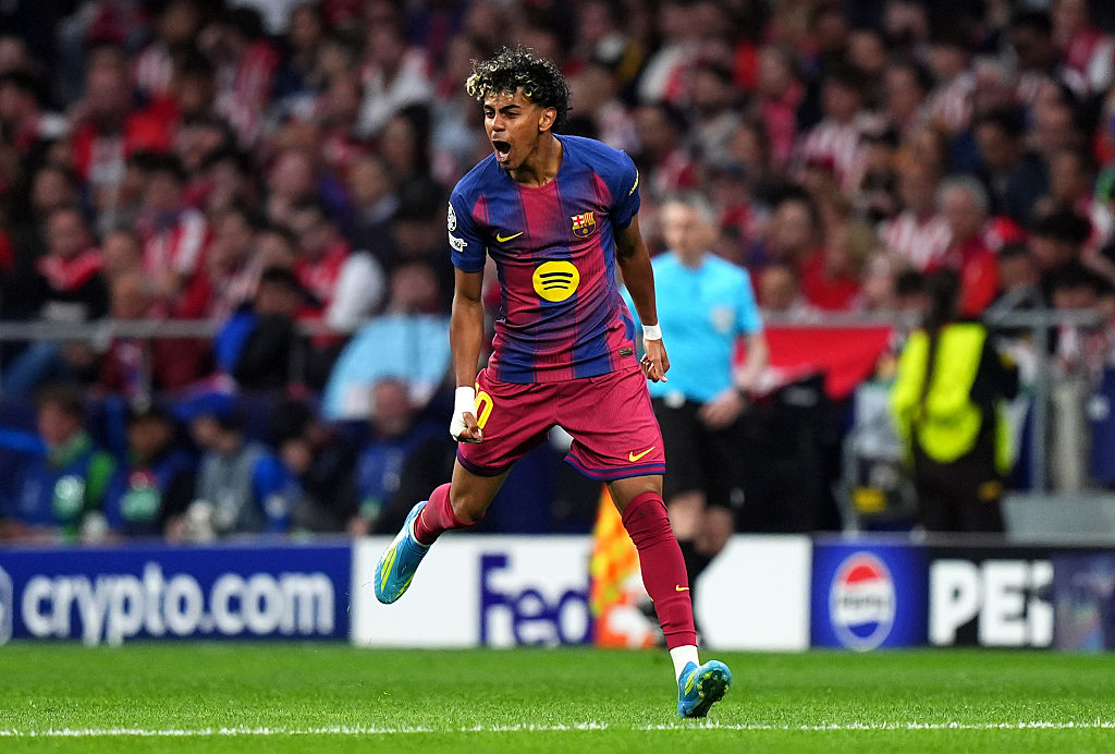 Lamine Yamal of Barcelona celebrates scoring his team’s first goal during the UEFA Champions League qaurterfinal against Atletico Madrid