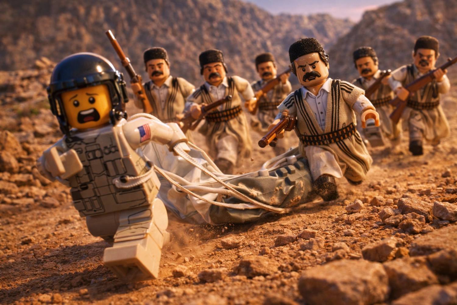 A screenshot from one of the Lego videos, depicting Iranians chasing an American airman after they brought down his plane [Courtesy: Explosive Media social media]