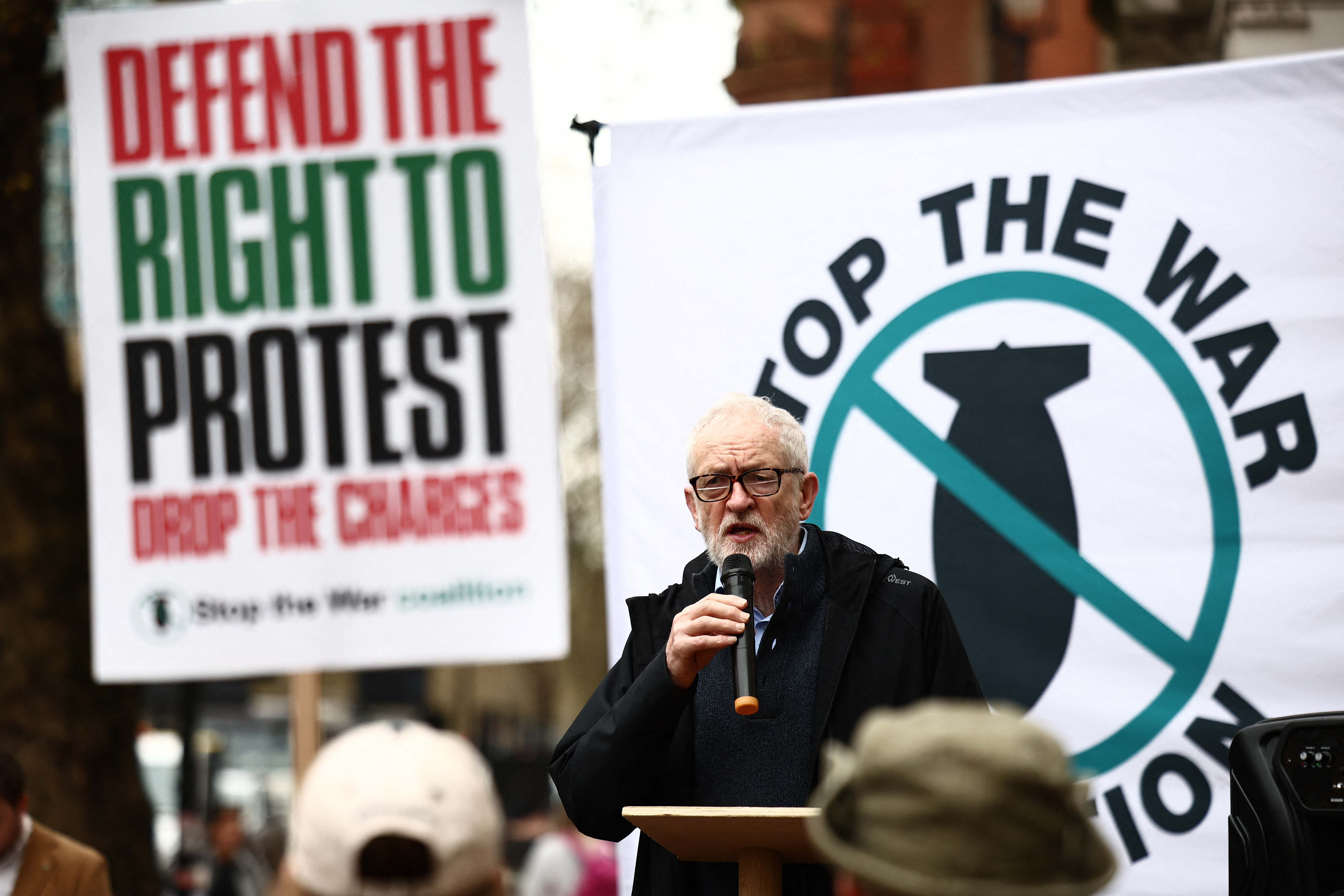 Former Labour Party leader Jeremy Corbyn speaks to supporters of Ben Jamal, director of Palestine Solidarity Campaign, and Chris Nineham, vice chair of Stop the War Coalition who were both charged with public order offences in 2025 on a pro-Palestine march, at Westminster Magistrates’ Court in London on April 01, 2026. (Photo by Henry Nicholls / AFP)