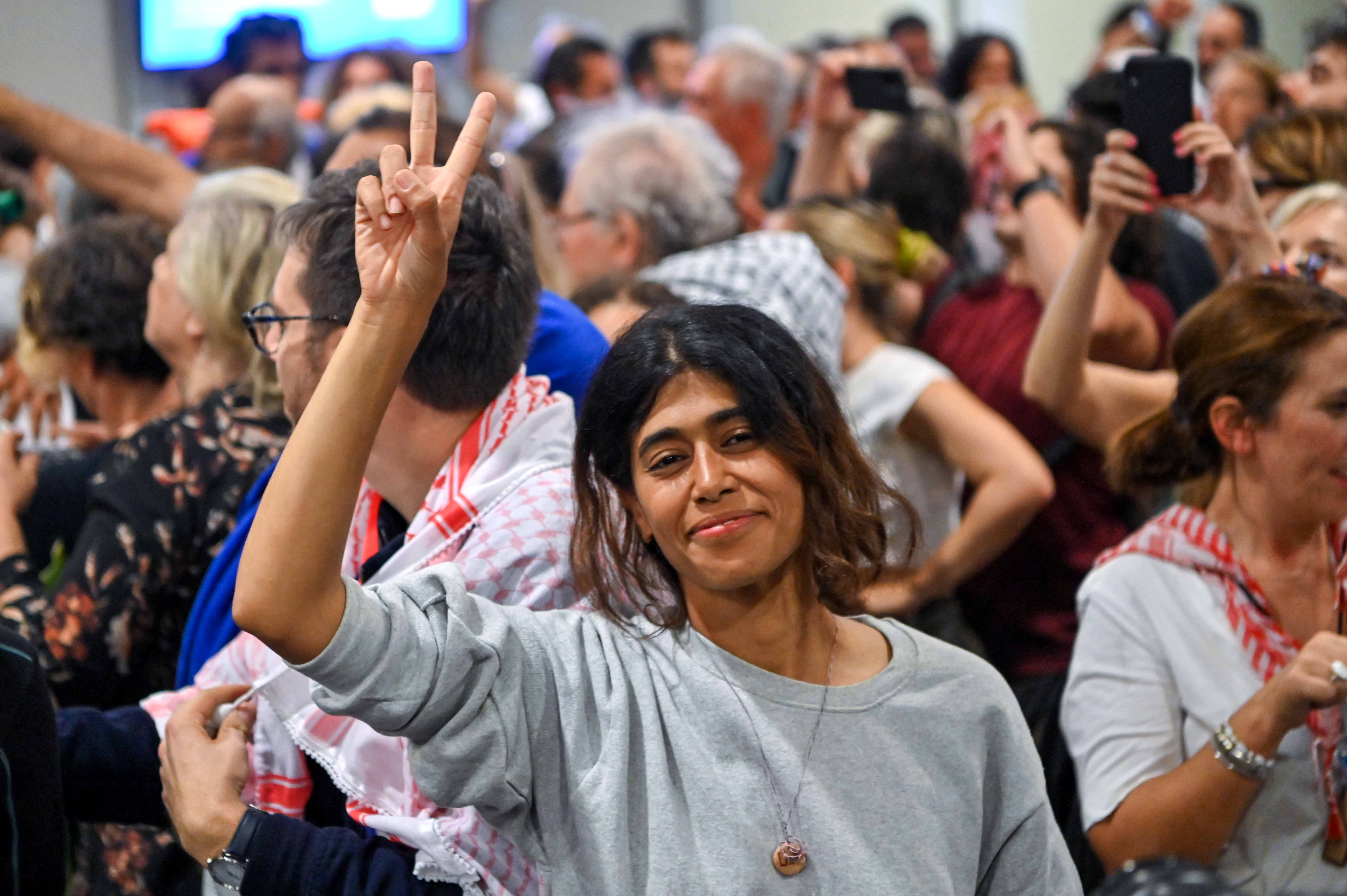 ATHENS, GREECE - OCTOBER 6: French-Palestinian lawyer and member of European Parliament for La France Insoumise (LFI) party Rima Hassan arrives at Eleftherios Venizelos International Airport on October 6, 2025 in Athens, Greece. Around 450 international activists from the Global Sumud Flotilla were detained last week, as Israeli forces seized several ships bound for Gaza. The flotilla had attempted to breach Israel's blockade of the Palestinian territory to deliver a symbolic shipment of humanitarian aid. A growing number of the deported flotilla campaigners have alleged mistreatment by Israeli authorities during their detention. (Photo by Milos Bicanski/Getty Images)