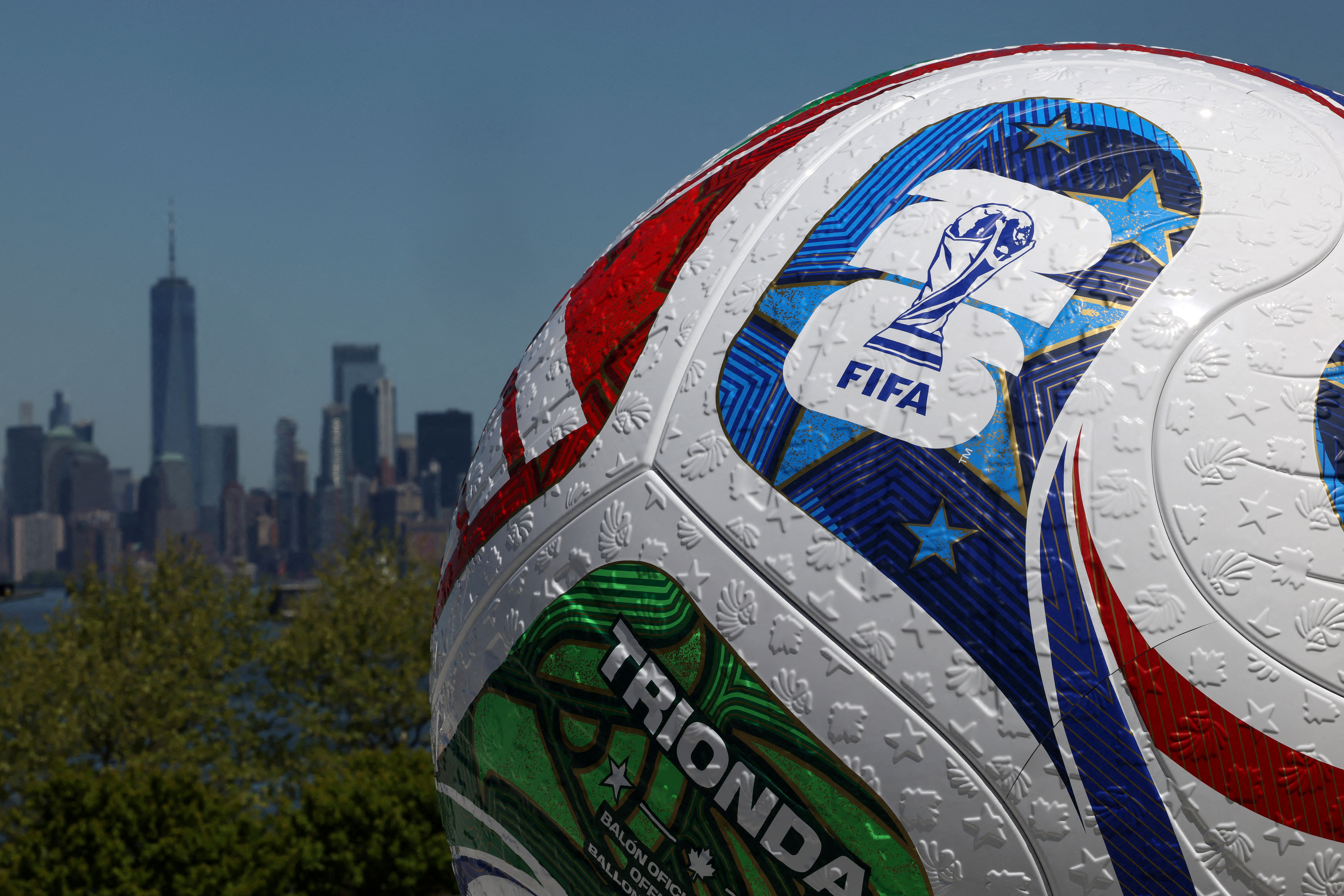 A blow up soccer ball of the Trionda, the official match ball of the FIFA World Cup 2026, stands during a press conference announcing an official fan zone for the area in New York City