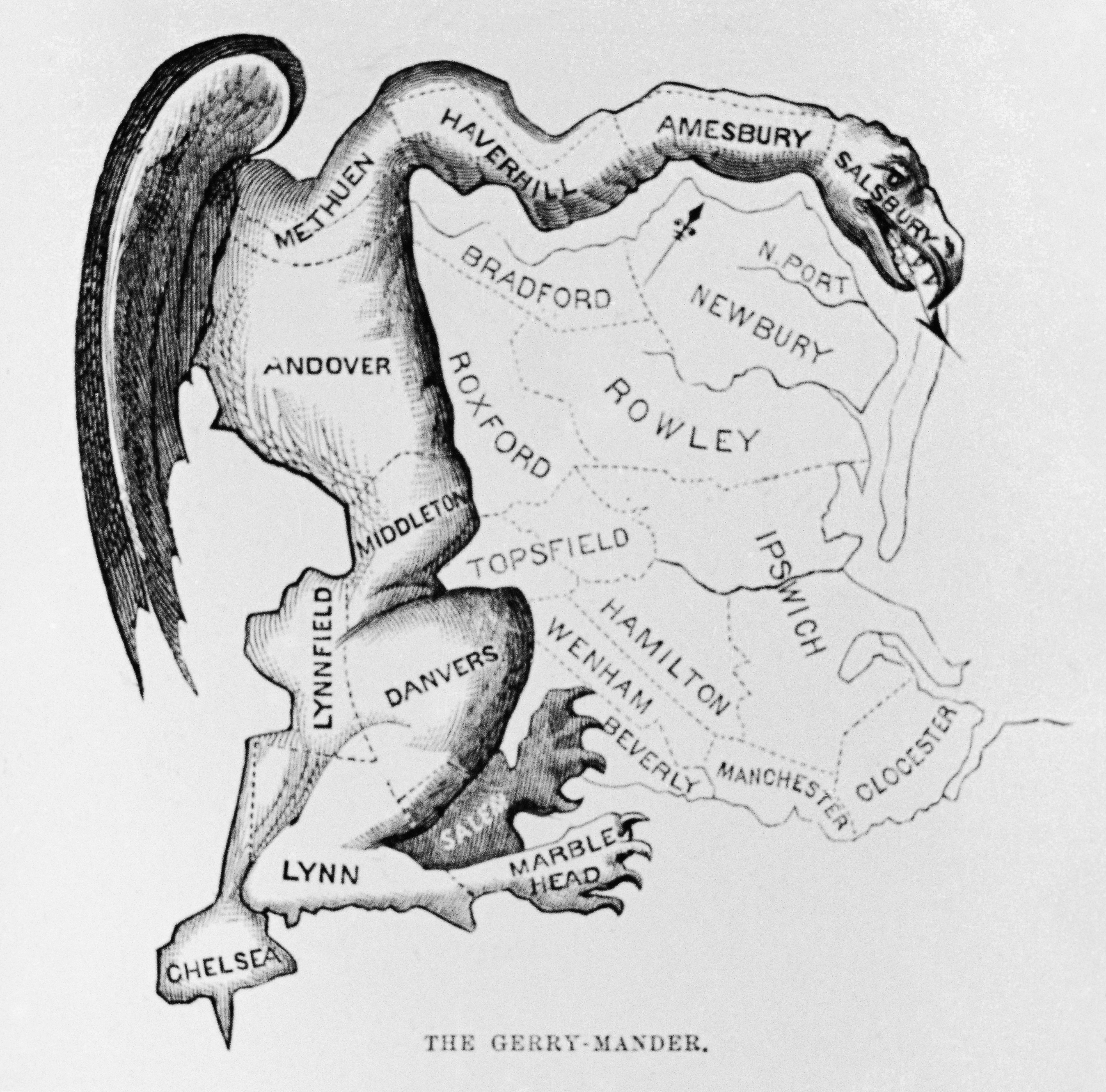 Gilbert Stuart's 1812 cartoon labelled a twisted Massachusetts electoral district a "Gerry-mander" after Governor Elbridge Gerry, who approved politically motivated redistricting. Stuart thought the shape of the district resembled a salamander [Getty Images]