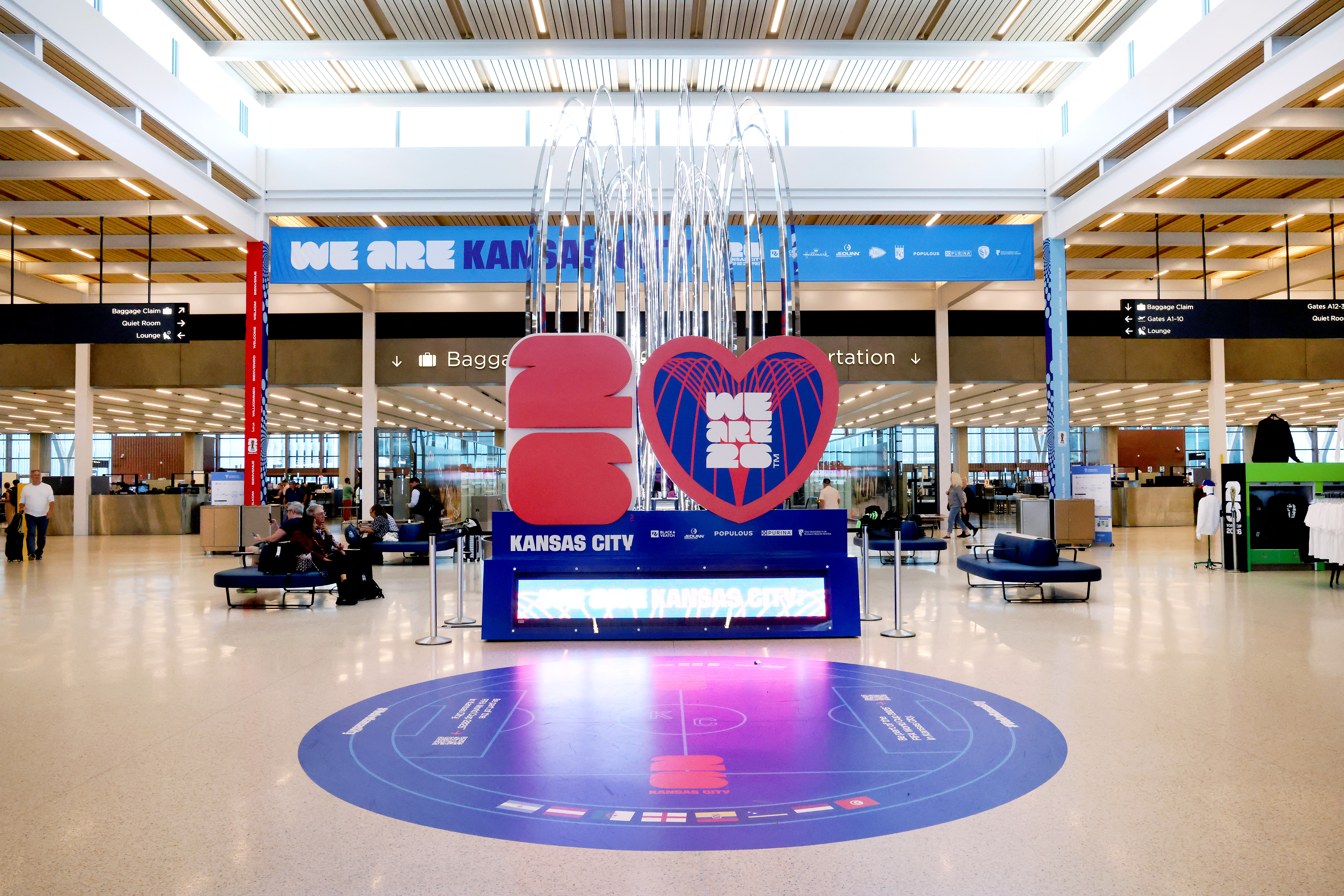 KANSAS CITY, MISSOURI - MAY 05: World Cup signage is displayed at the Kansas City airport ahead of the 2026 World Cup on May 05, 2026 in Kansas City, Missouri. Jamie Squire/Getty Images/AFP (Photo by JAMIE SQUIRE / GETTY IMAGES NORTH AMERICA / Getty Images via AFP)