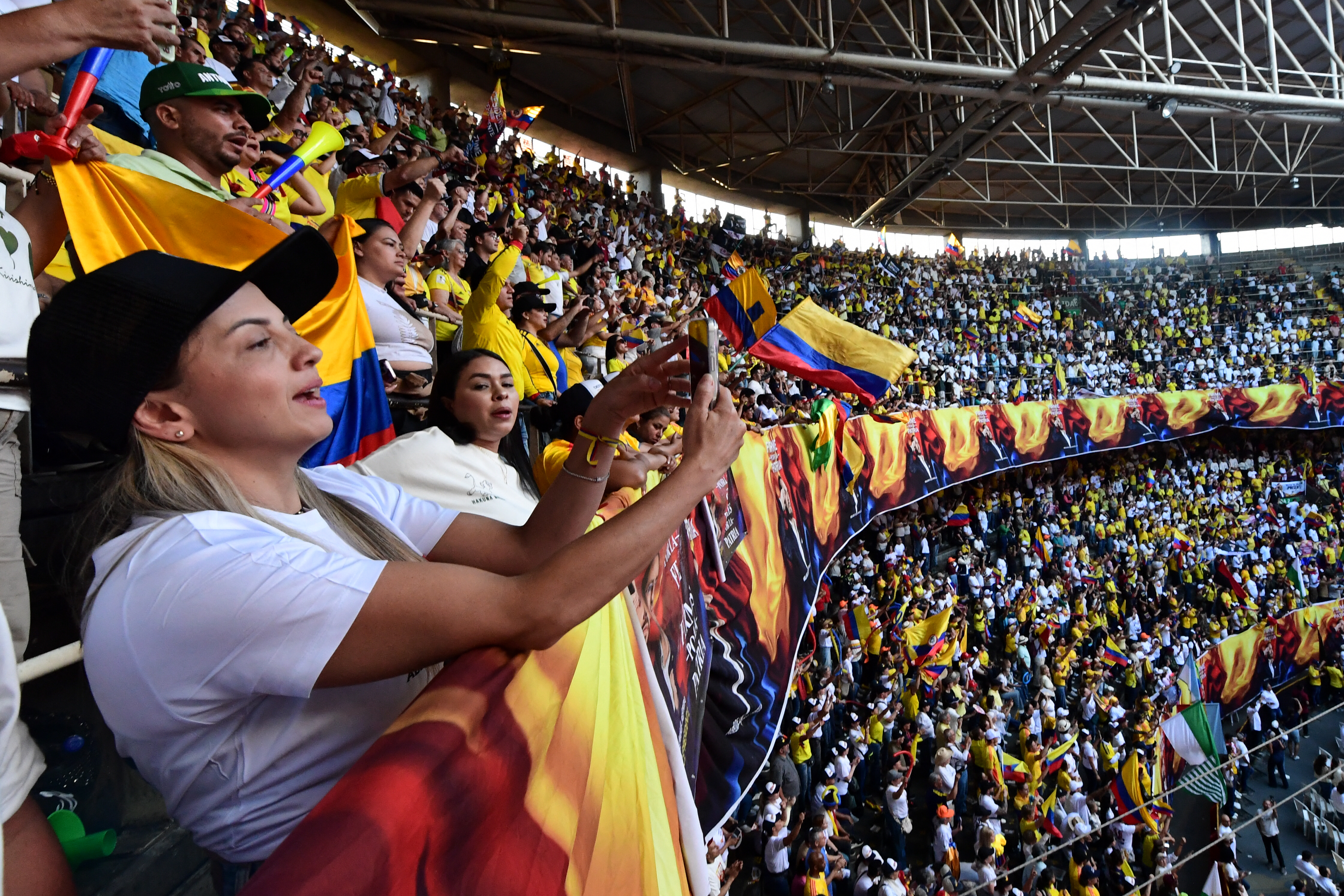 Supporters of Colombia's presidential candidate Abelardo de la Espriella, of the Defensores de la Patria party, attend his closing campaign rally in Medellin, Colombia on May 24, 2026.