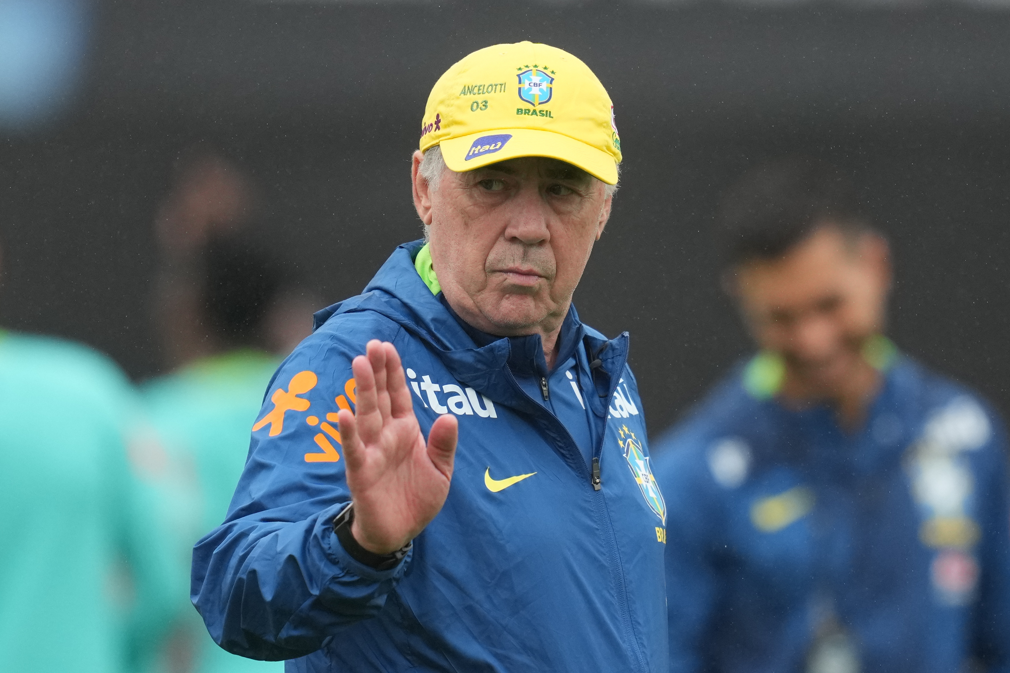 FILE - Brazil's coach Carlo Ancelotti gestures during a training session ahead of a friendly soccer match against South Korea in Goyang, South Korea, Tuesday, Oct. 7, 2025. (AP Photo/Lee Jin-man, File)