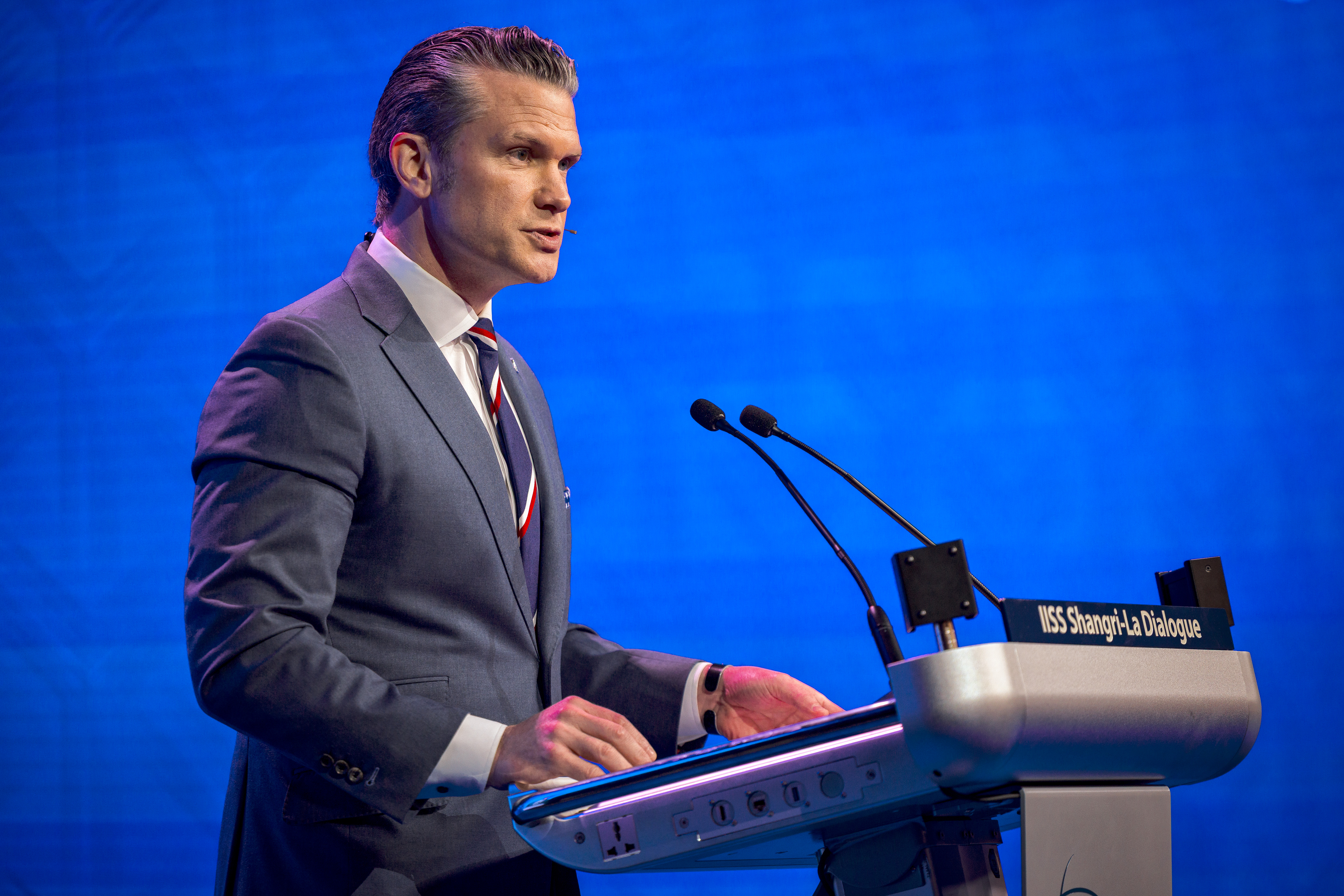 US Secretary of Defense Pete Hegseth speaks during the 23rd IISS Shangri-La Dialogue at the Shangri-La Hotel in Singapore.