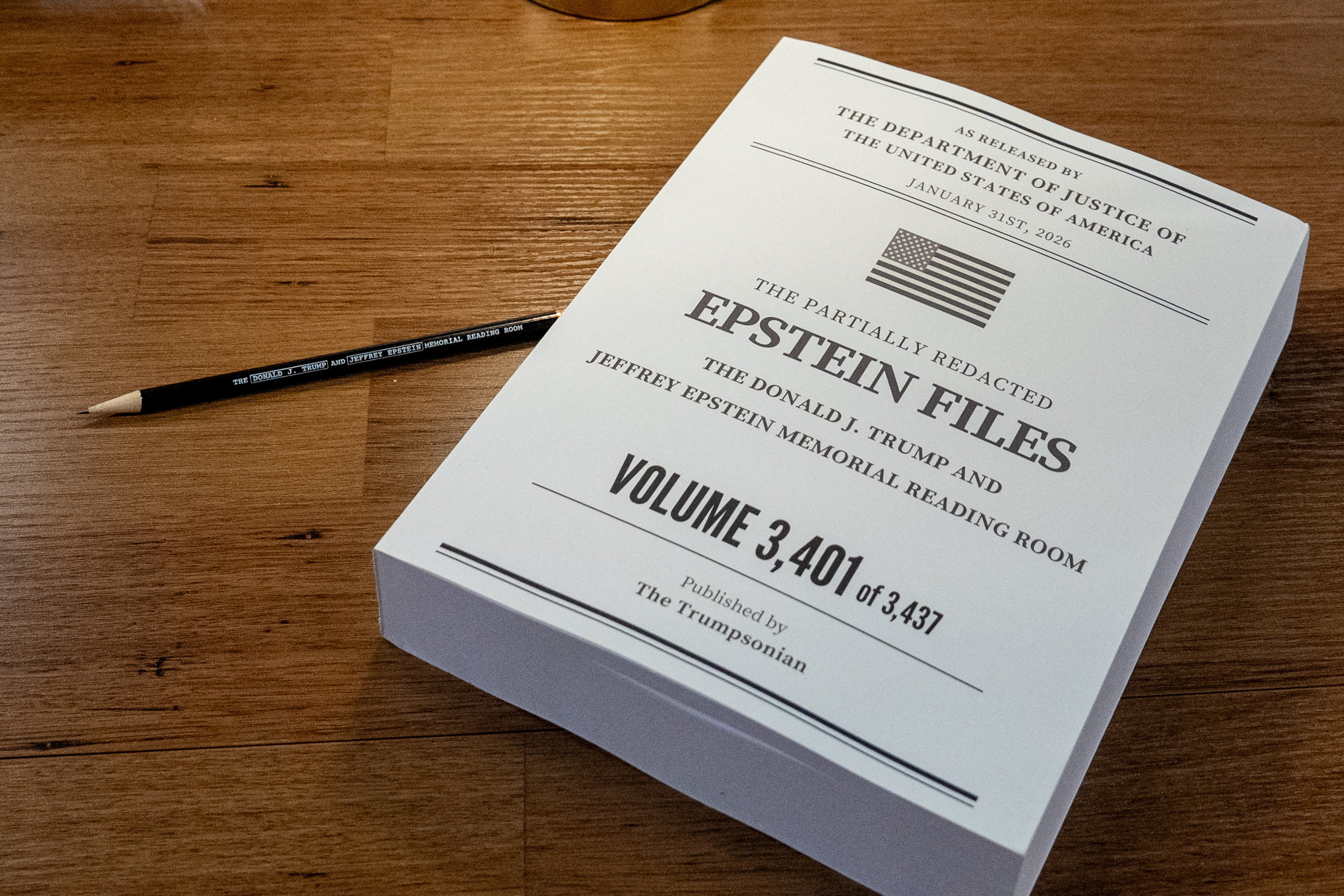 A volume of the Epstein files on public display at the Donald J. Trump and Jeffrey Epstein Memorial Reading Room in New York City, U.S., May 8, 2026. REUTERS/David 'Dee' Delgado