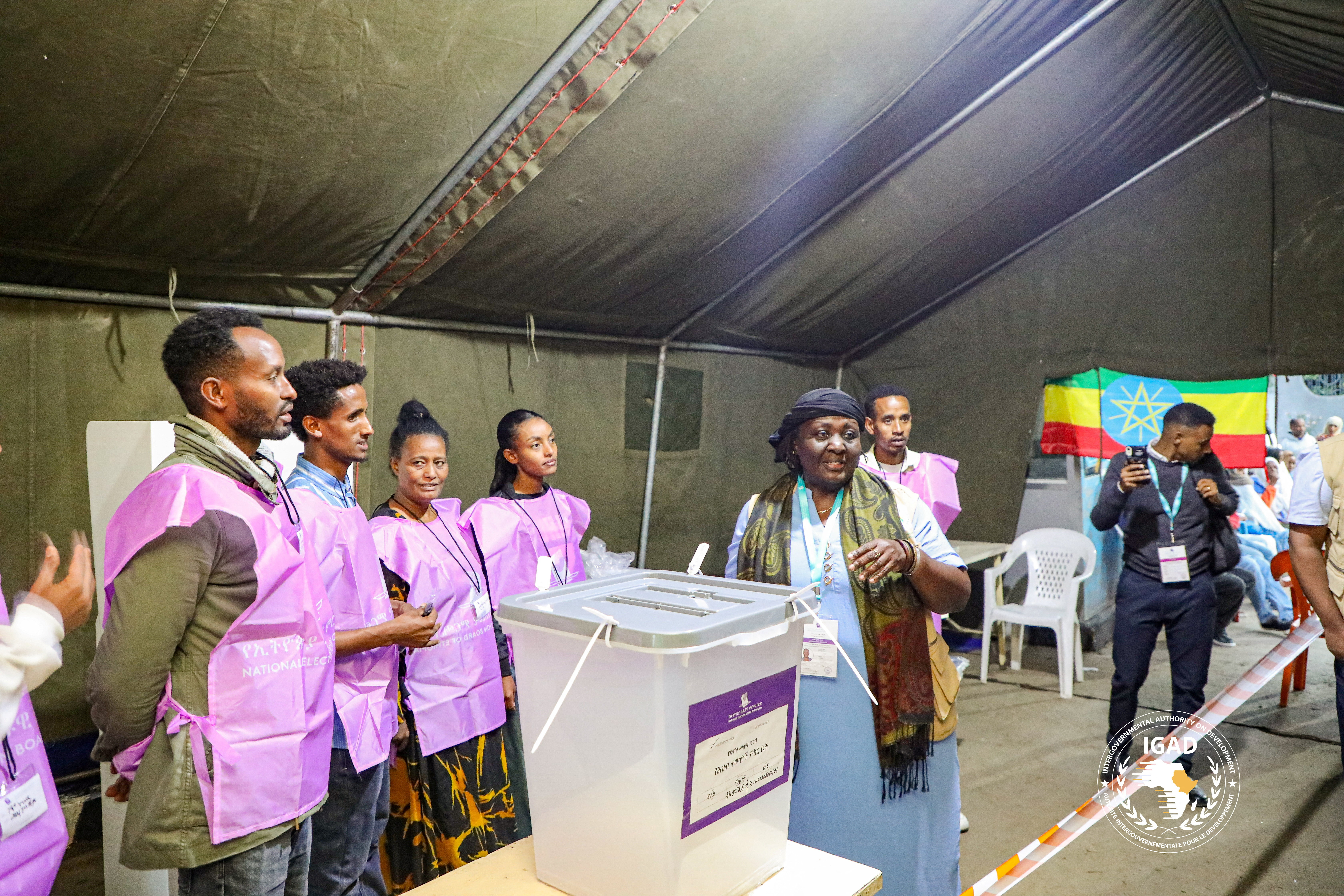 Dr. Specioza Wandira Kazibwe, Head of the IGAD Election Observer Mission, talks to National Election Board of Ethiopia (NEBE) officials at a polling station during the parliamentary and regional elections in Addis Ababa, Ethiopia, June 1, 2026. The Intergovernmental Authority on Development (IGAD)/Handout via REUTERS THIS IMAGE HAS BEEN SUPPLIED BY A THIRD PARTY. Reuters has not been able to report from inside Ethiopia since mid-February, when the Ethiopian Media Authority declined to renew the accreditation for its three Addis Ababa-based journalists.