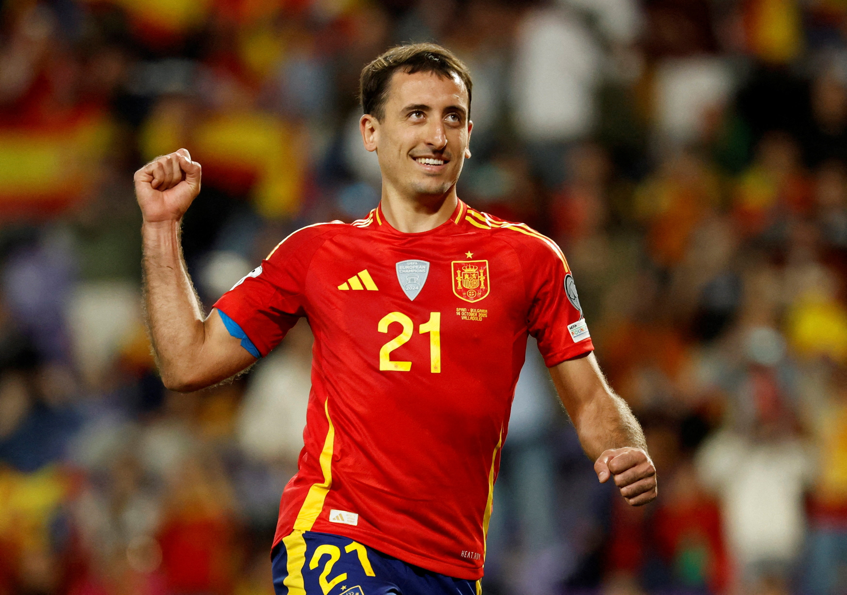 Spain’s Mikel Oyarzabal celebrates scoring for Spain against Bulgaria in October 2025
