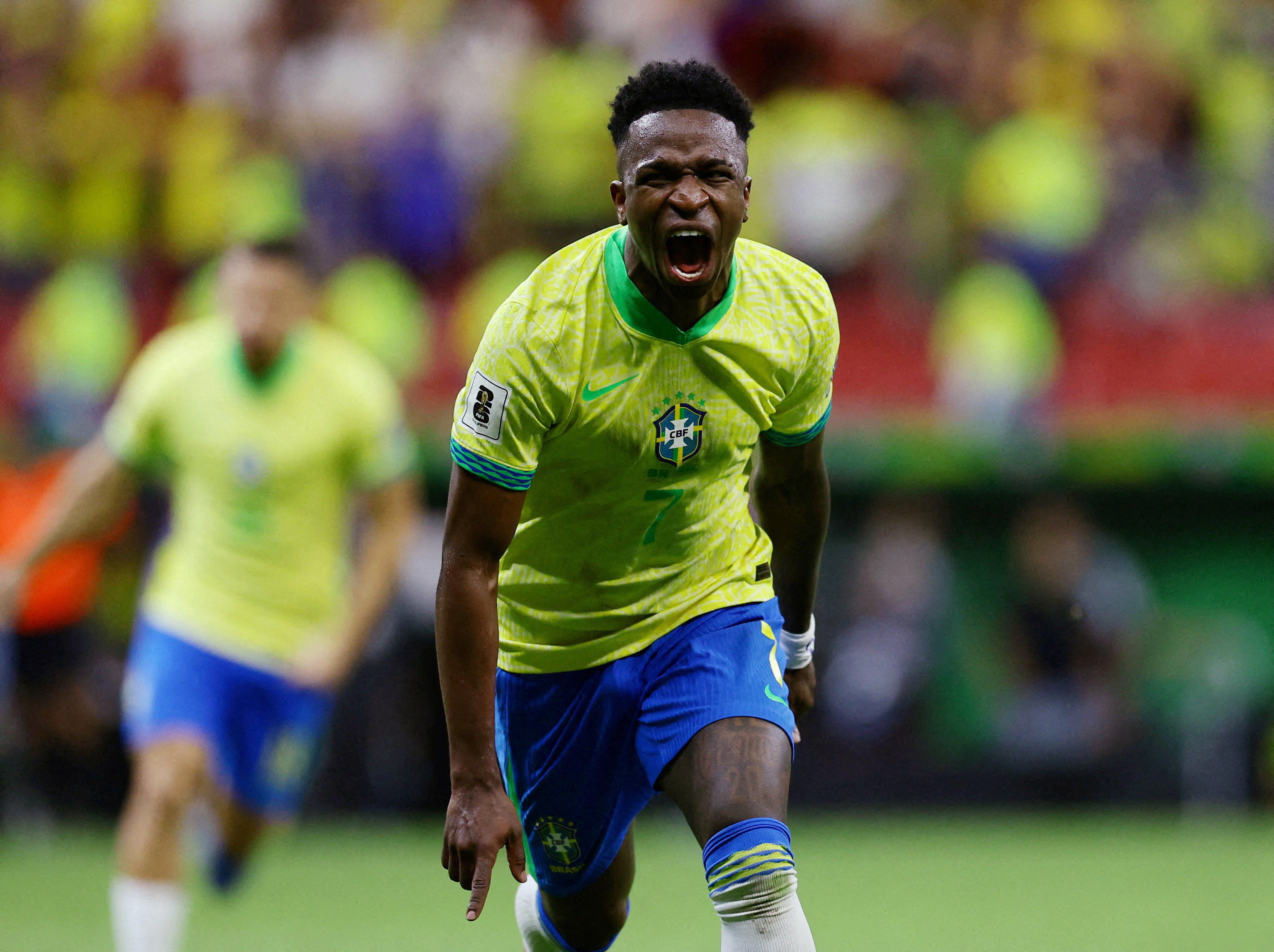 Brazil’s Vinicius Jr celebrates scoring their second goal against Colombia in March 2025