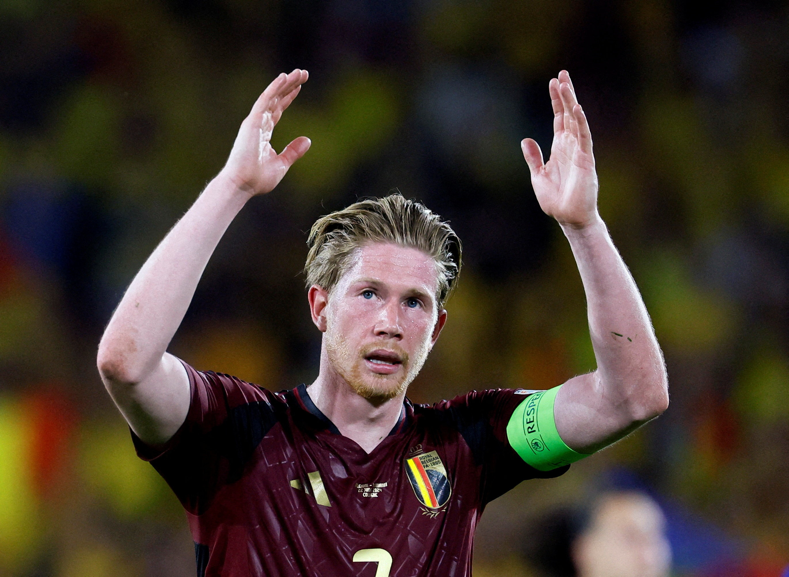 FILE PHOTO: Soccer Football - Euro 2024 - Group E - Belgium v Romania - Cologne Stadium, Cologne, Germany - June 22, 2024 Belgium's Kevin De Bruyne reacts after the match REUTERS/Wolfgang Rattay/File Photo