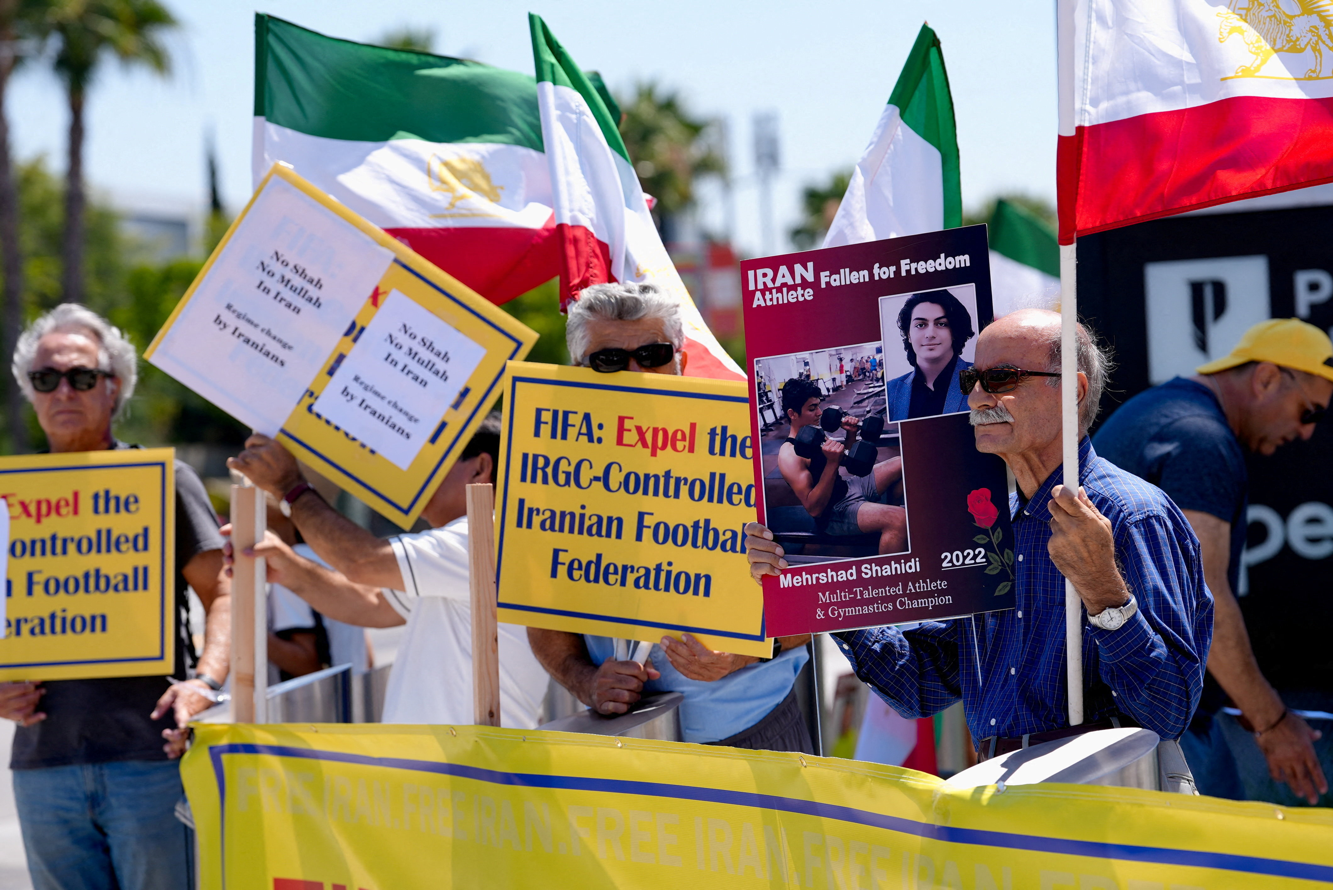 A protest near SoFi stadium outside Los Angeles calling on FIFA to suspend or expel Iran from international football, June 14, 2026