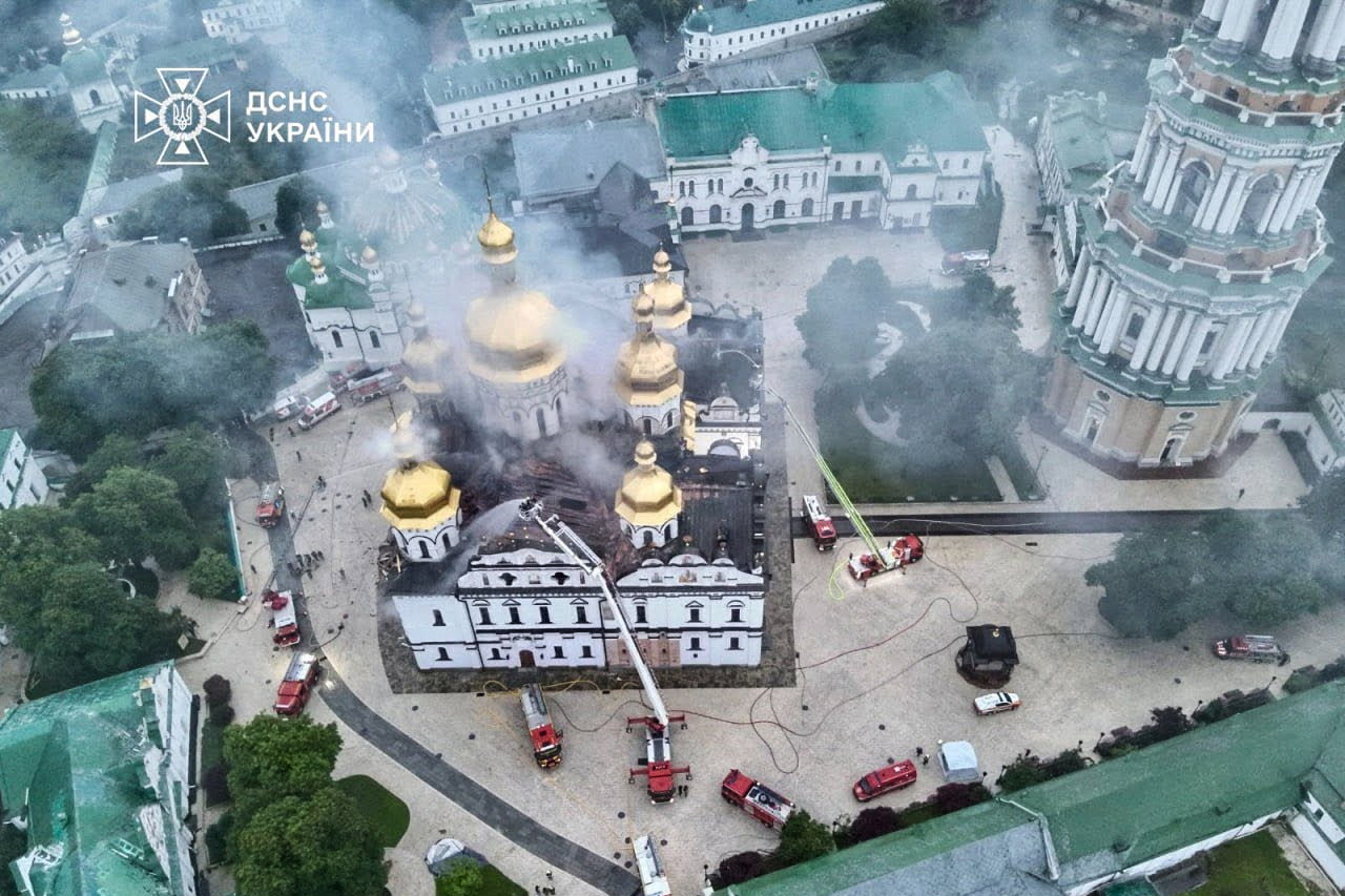 A drone view shows firefighters as they work to extinguish a fire at the Dormition Cathedral of the Kyiv Pechersk Lavra, which was hit during Russian missile and drone strikes, amid Russia’s attack on Ukraine, in Kyiv, Ukraine June 15, 2026 [Reuters handout]