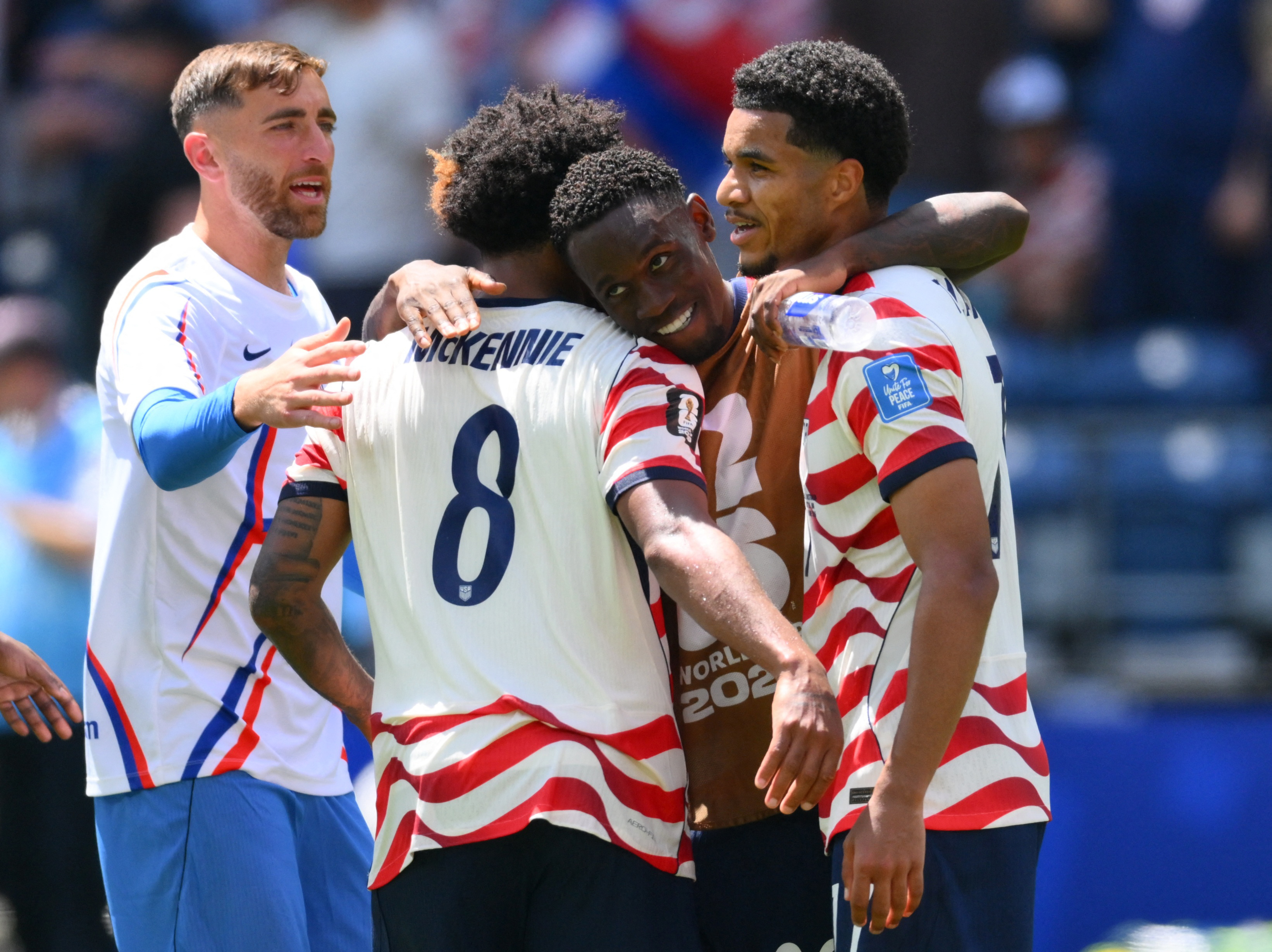 Soccer Football - FIFA World Cup 2026 - Group D - United States v Australia - Seattle Stadium, Seattle, Washington, U.S. - June 19, 2026 Matt Turner, Weston McKennie, Malik Tillman and Folarin Balogun of the U.S. celebrate after the match IMAGN IMAGES via Reuters/Steven Bisig