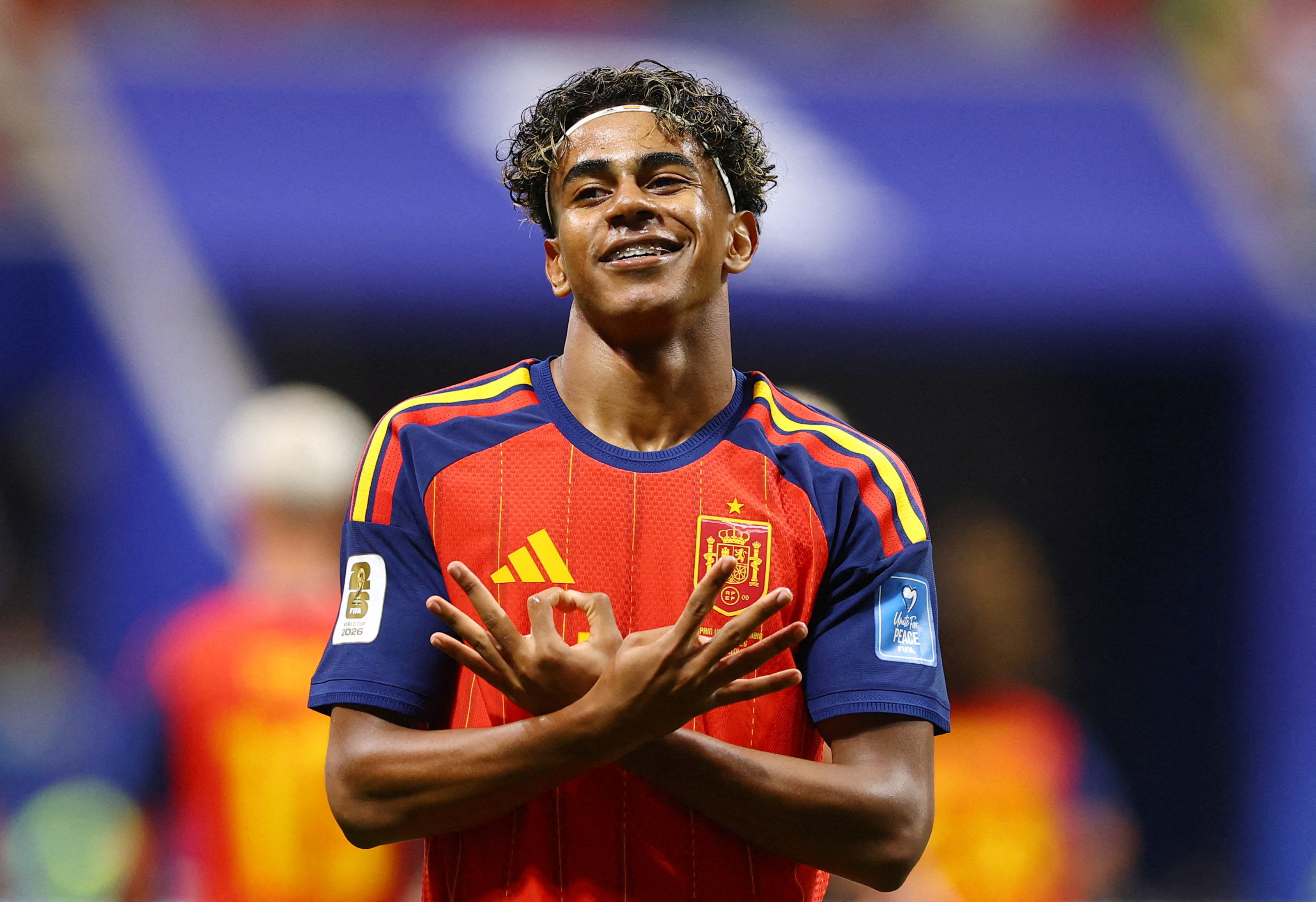 Soccer Football - FIFA World Cup 2026 - Group H - Spain v Saudi Arabia - Atlanta Stadium, Atlanta, Georgia, U.S. - June 21, 2026 Spain's Lamine Yamal celebrates scoring their first goal REUTERS/Claudia Greco TPX IMAGES OF THE DAY