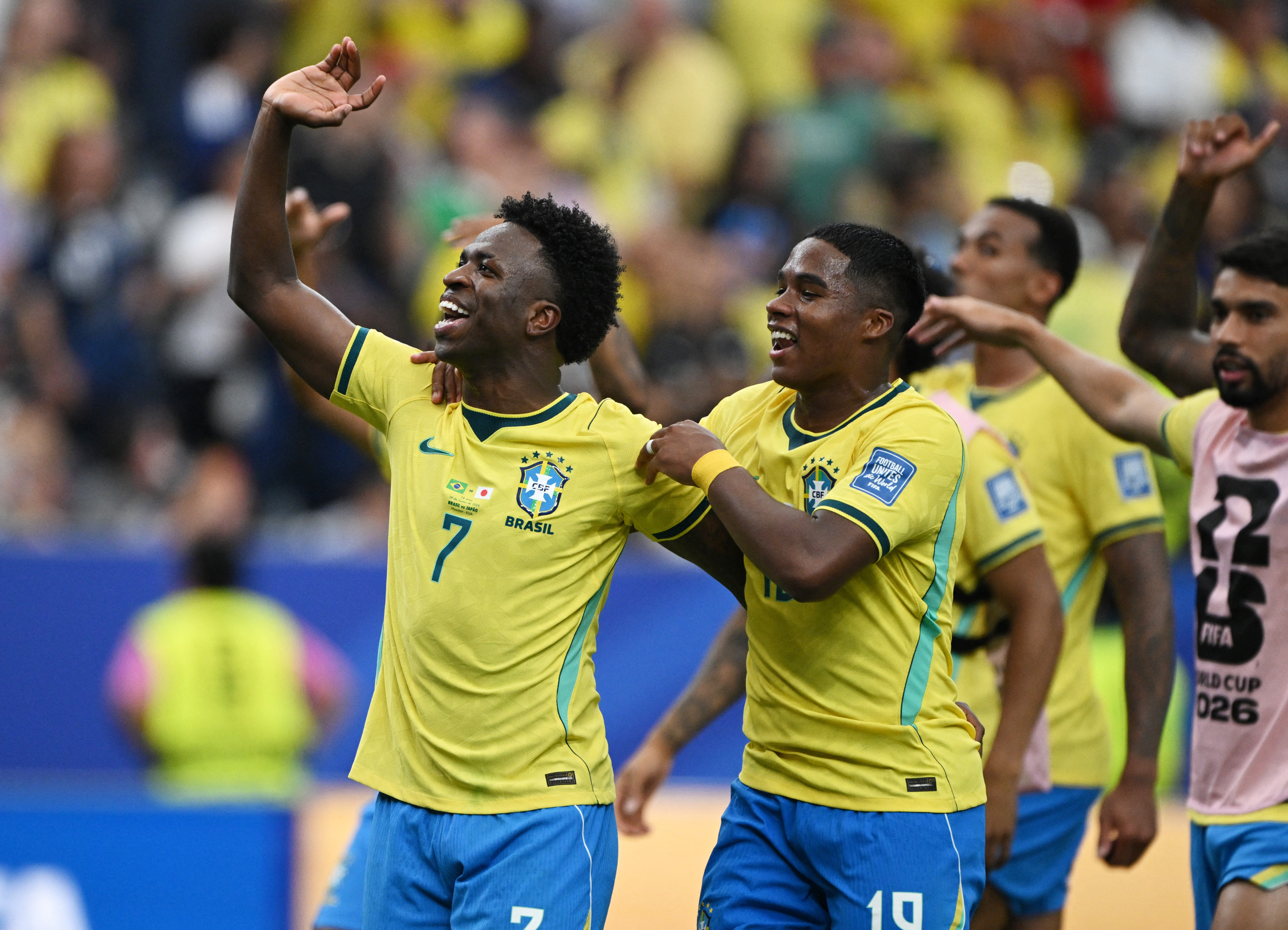 Soccer Football - FIFA World Cup 2026 - Round of 32 - Brazil v Japan - Houston Stadium, Houston, Texas, U.S. - June 29, 2026 Brazil's Vinicius Junior and Endrick celebrate after the match REUTERS/Annegret Hilse