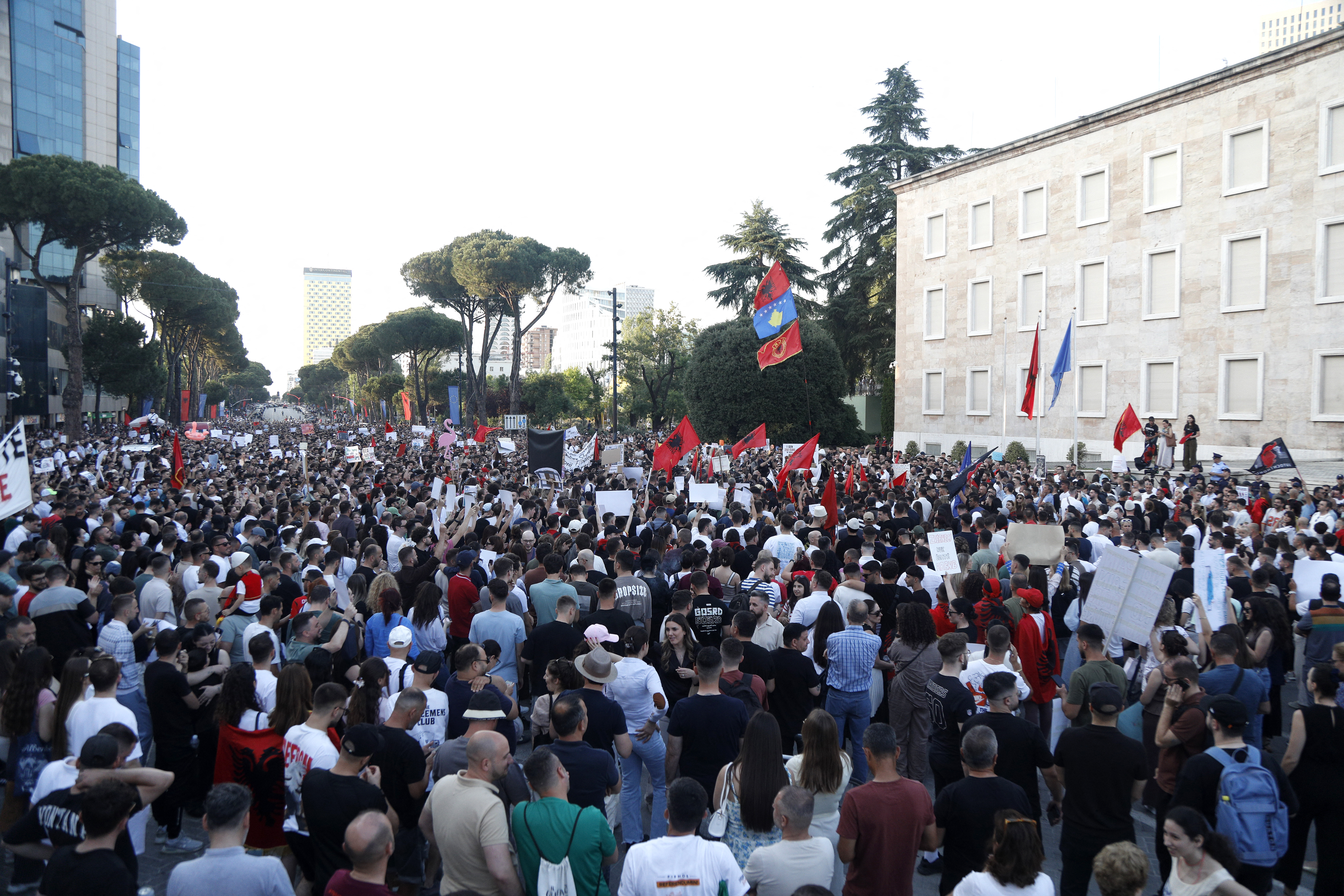 Protesters take part in a demonstration in front of the prime minister's office, against the construction of a luxury resort near a protected natural area, in Tirana, Albania on June 2, 2026.