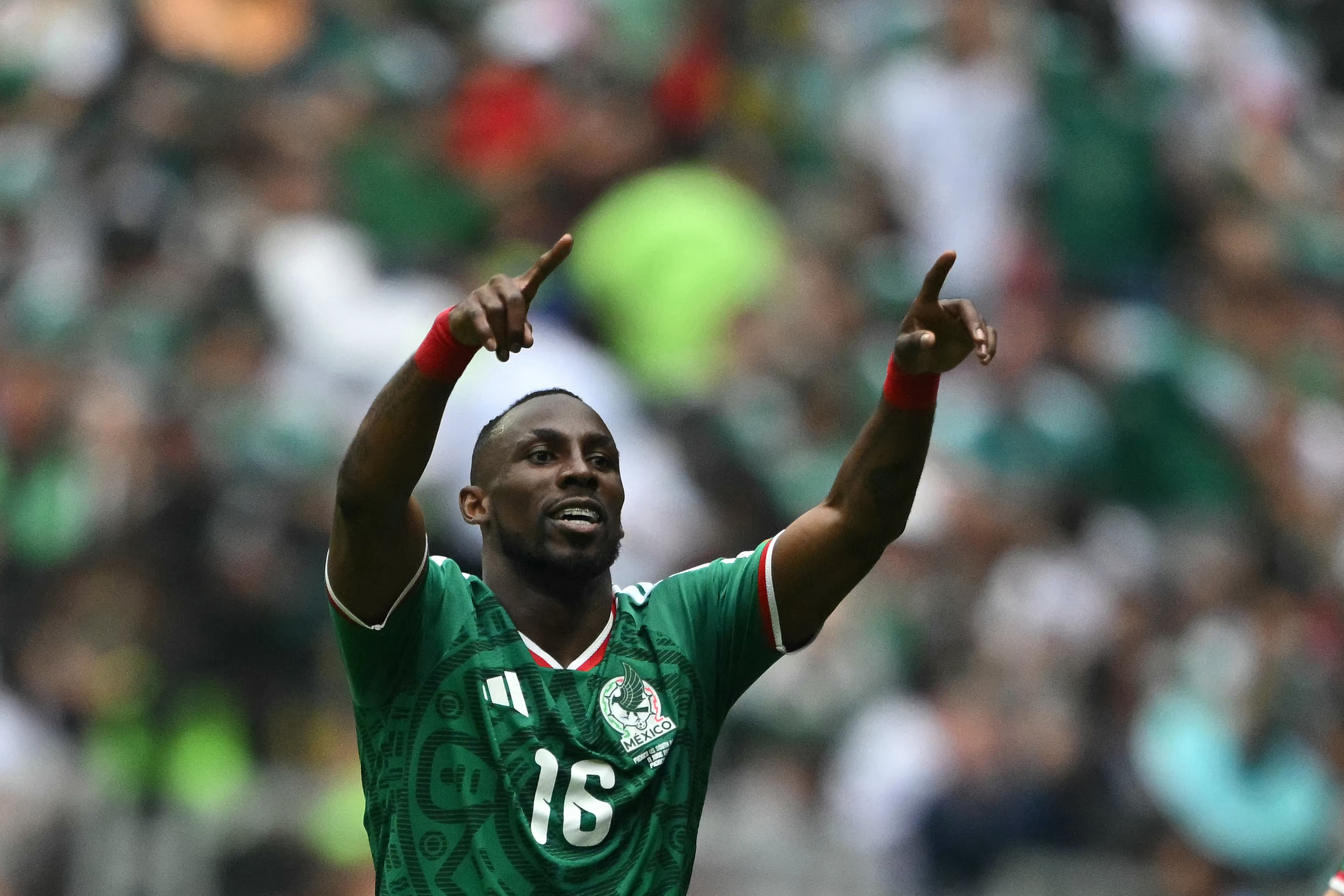 Mexico's forward #16 Julian Quinones celebrates scoring his team's first goal during the 2026 World Cup Group A football match between Mexico and South Africa at the Mexico City Stadium in Mexico City on June 11, 2026. (Photo by CARL DE SOUZA / AFP)