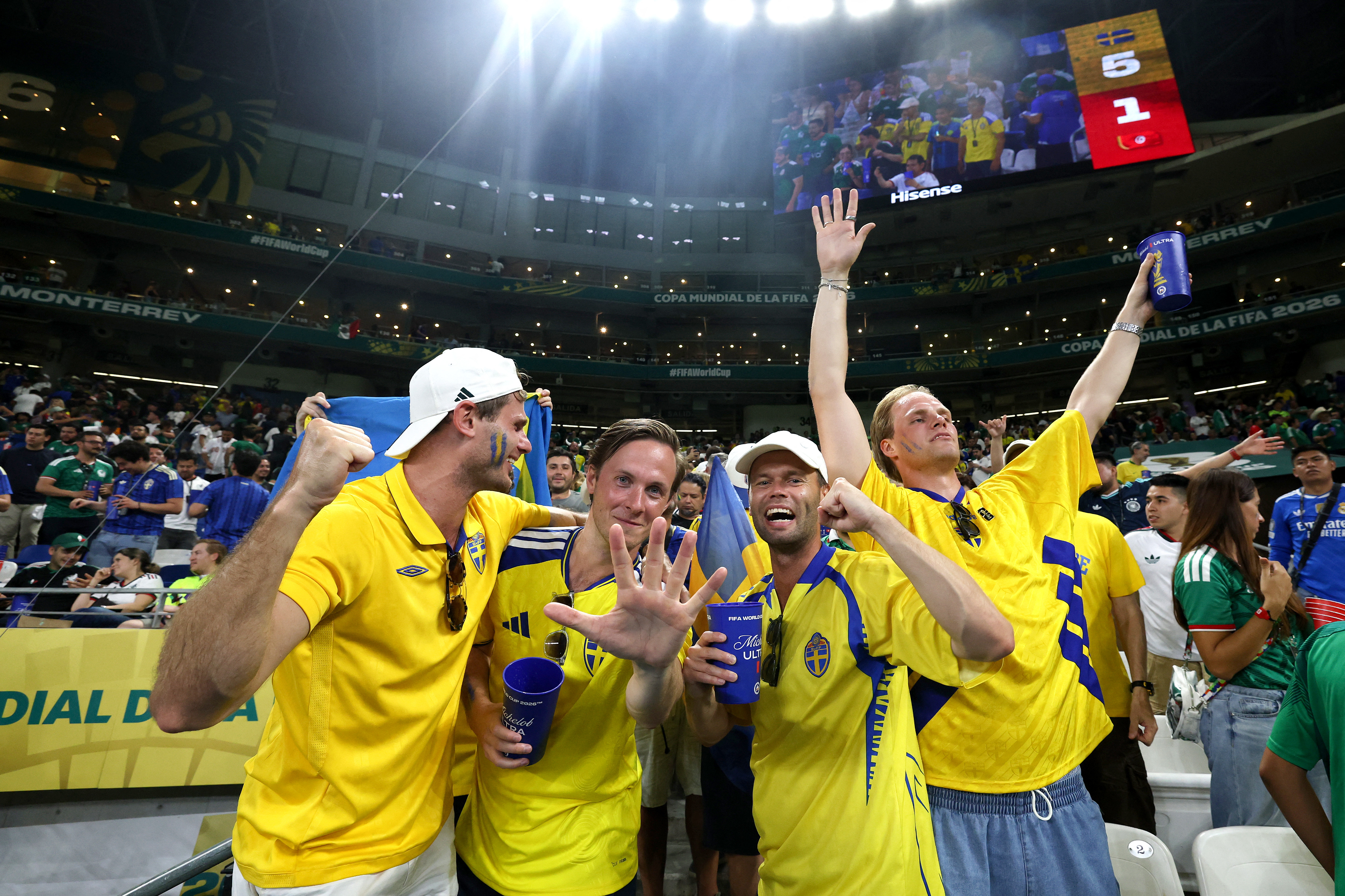 Sweden's fans celebrate after their team won the 2026 World Cup Group F football match between Sweden and Tunisia at the Monterrey Stadium in Guadalupe on June 14, 2026. (Photo by Julio Cesar AGUILAR / AFP)
