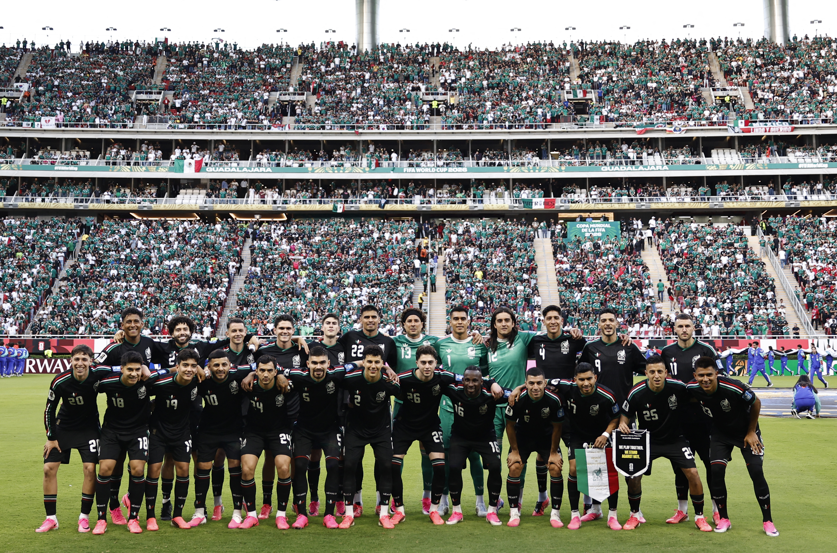 Mexico's players pose for a picture ahead of the 2026 World Cup Group A football match between Mexico and South Korea at the Guadalajara Stadium in Zapopan on June 18, 2026. (Photo by ULISES RUIZ / AFP)