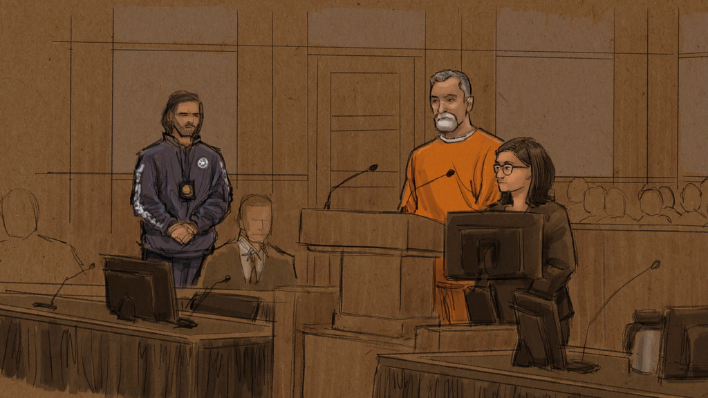 a courtroom sketch shows a man at the stand in an orange jumpsuit