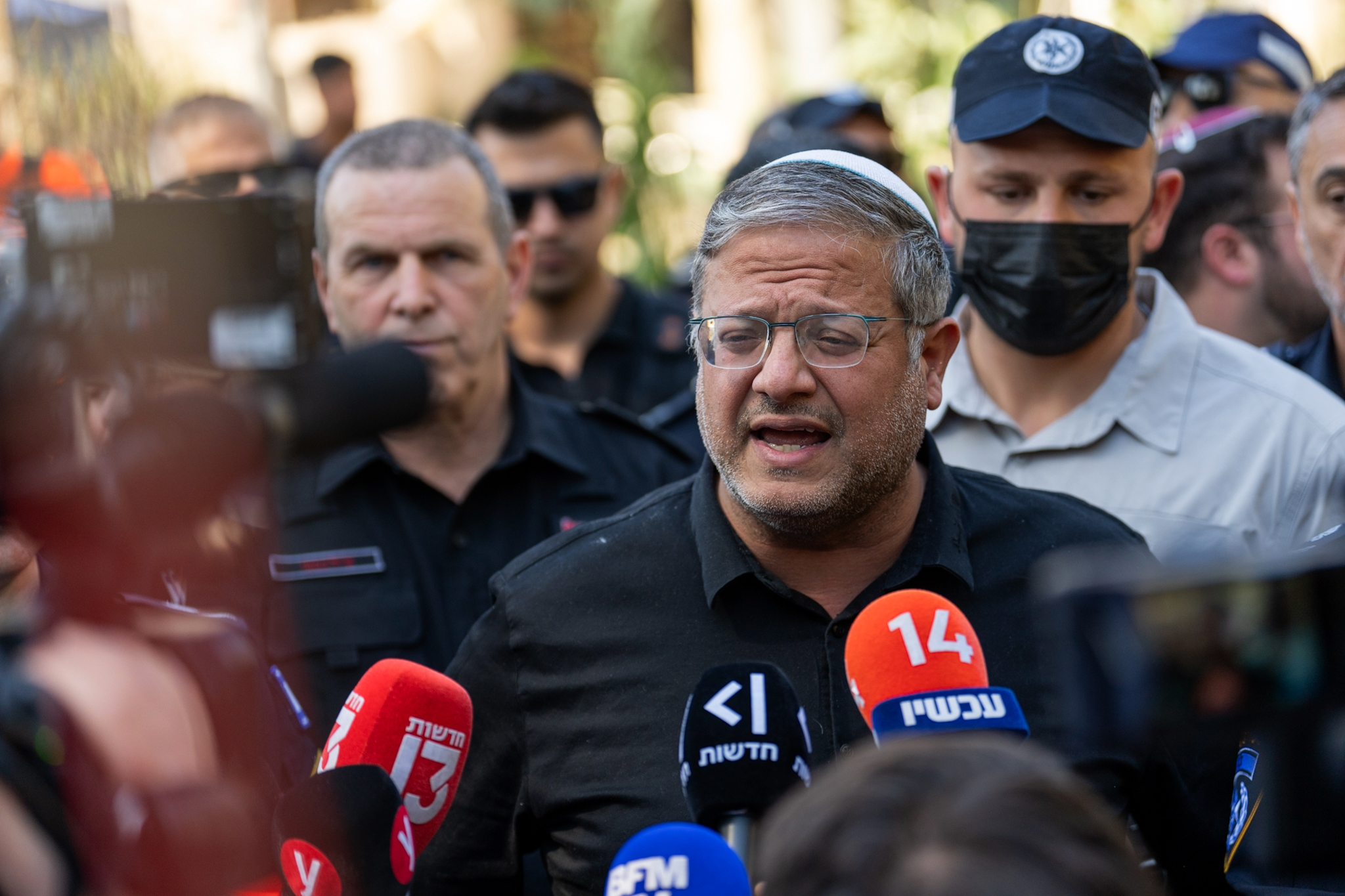 Israel's Minister of National Security Itamar Ben-Gvir speaks to the media.