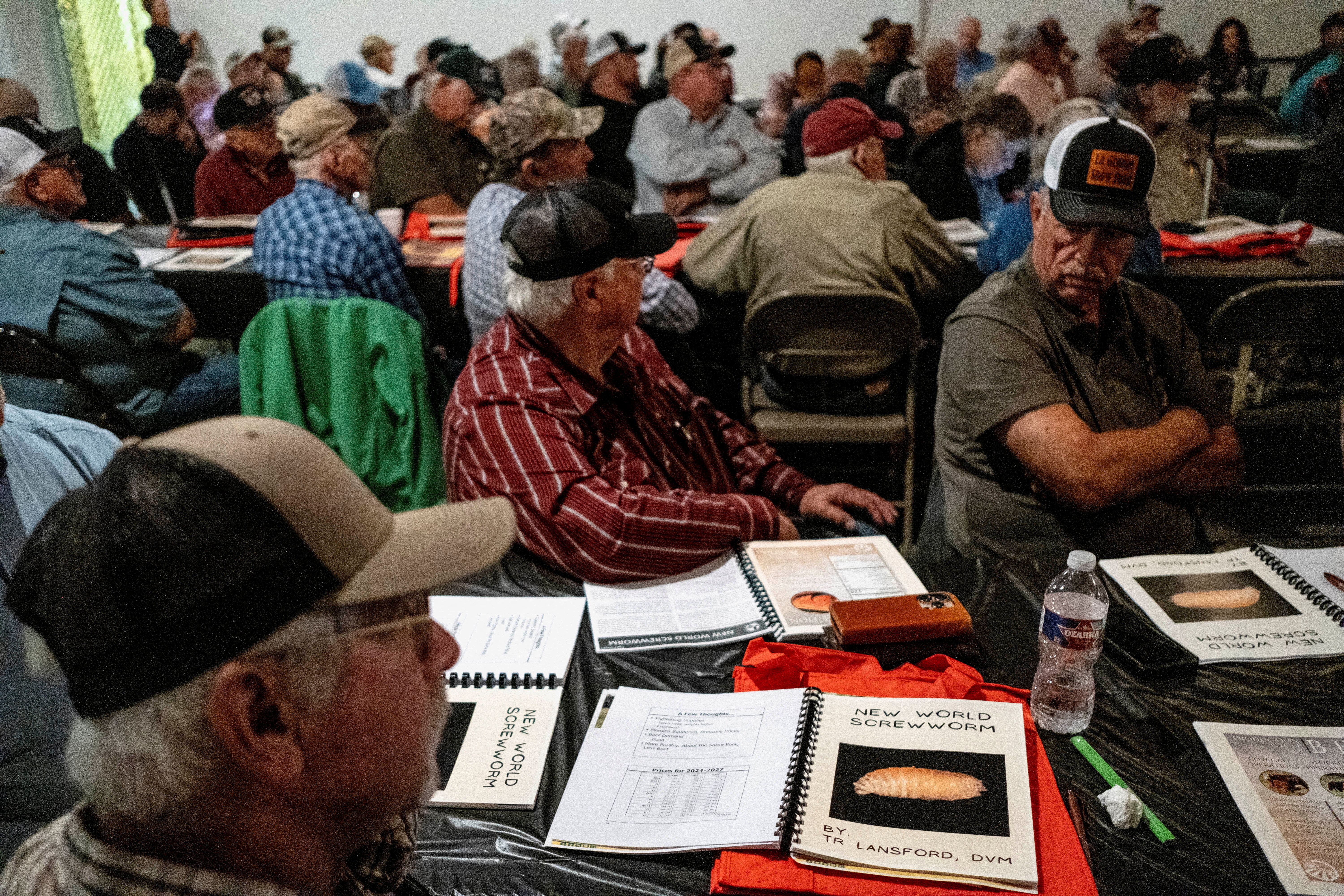 FILE PHOTO: Cattle ranchers attend a presentation on the threat of the New World Screwworm during the Fayette County Cow/Calf Clinic and Trade Show in La Grange, Texas, U.S., May 1, 2026. REUTERS/Joel Angel Juarez/File Photo