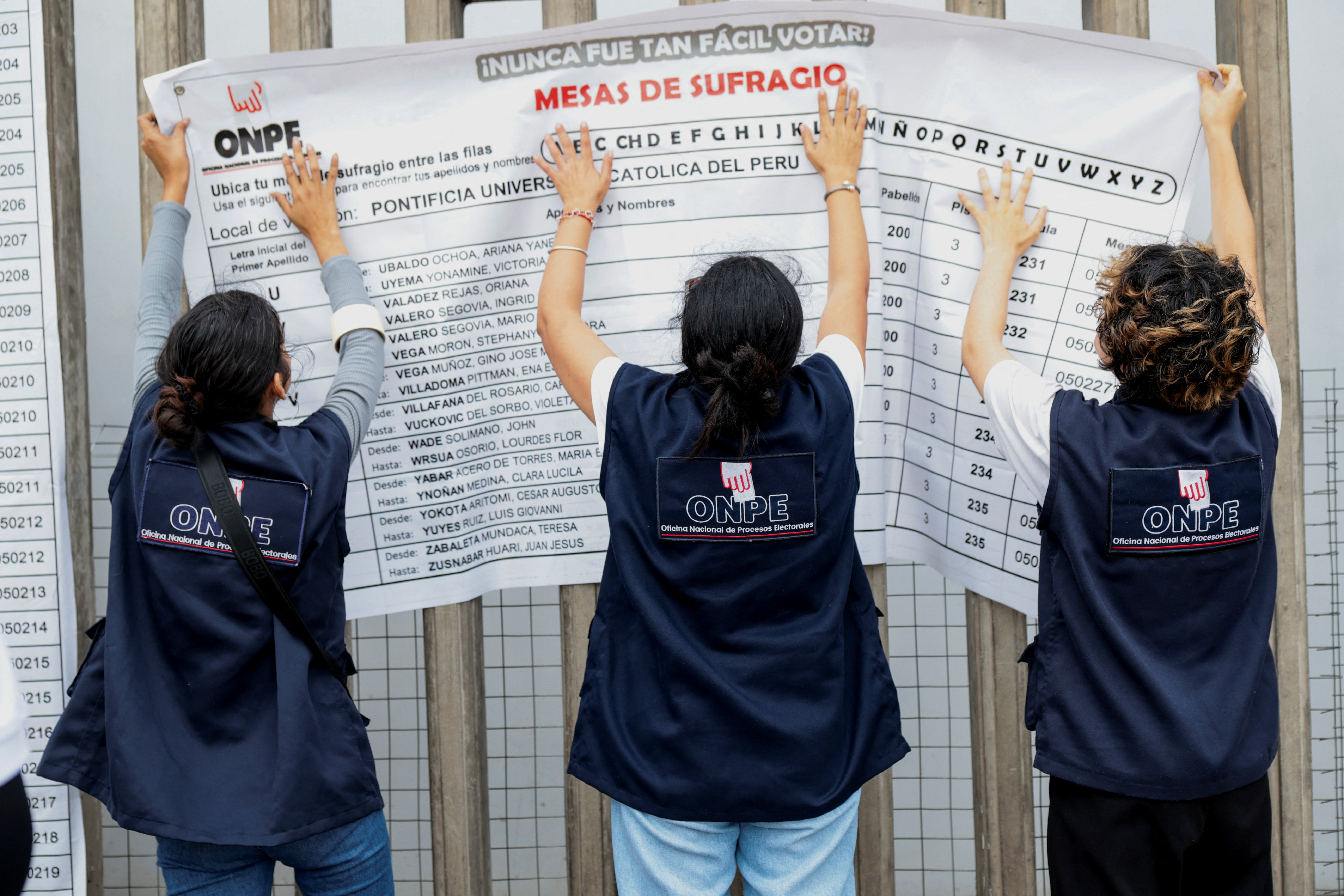 Peruvian electoral workers place a polling station list ahead of the June 7 runoff election, in Lima, Peru, June 6, 2026. REUTERS/Stifs Paucca