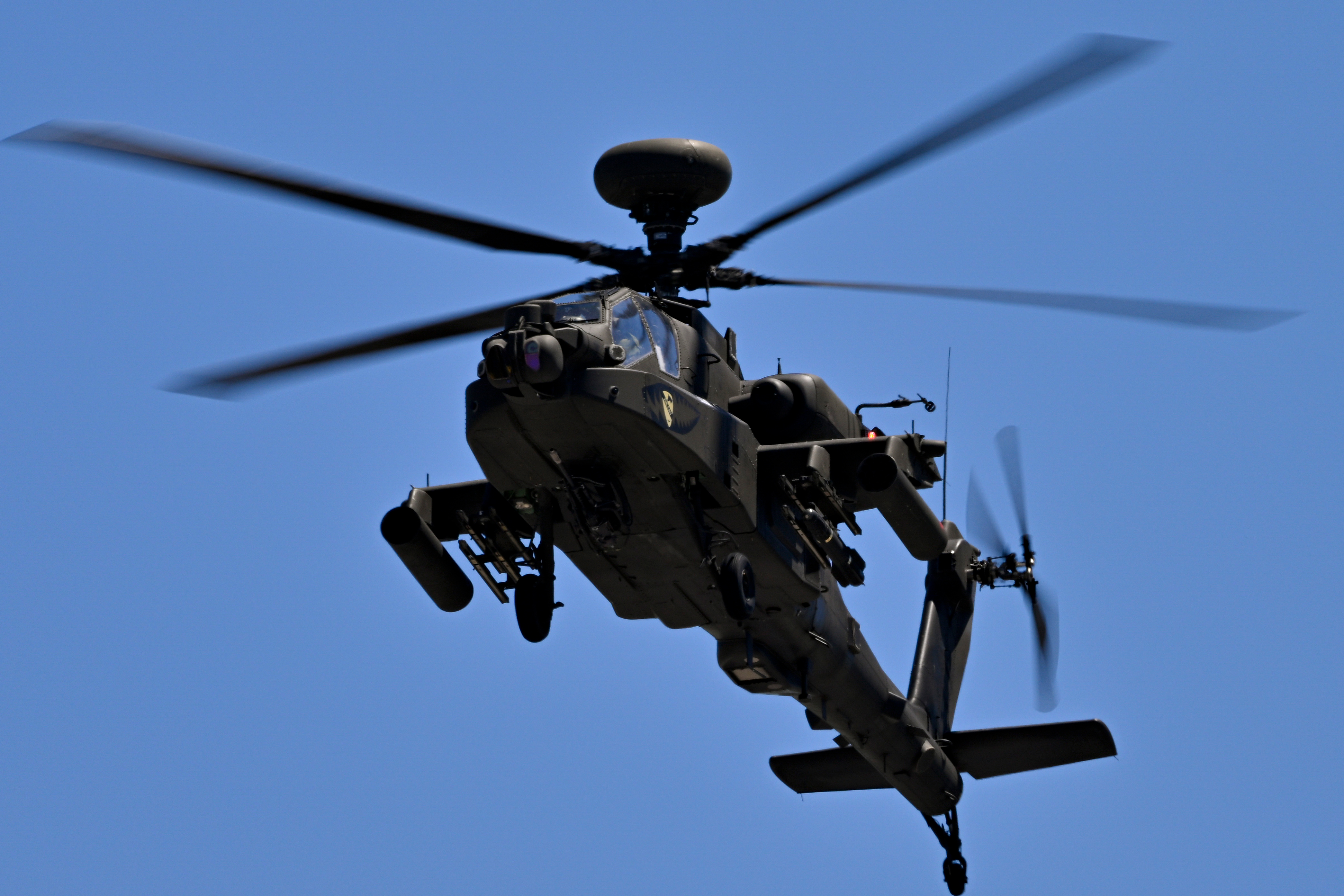 May 3, 2025; Fort Worth, Texas, USA; A view a US Army apache helicopter during a flyover before the start of the NASCAR Xfinity race at Texas Motor Speedway. Mandatory Credit: Jerome Miron-Imagn Images