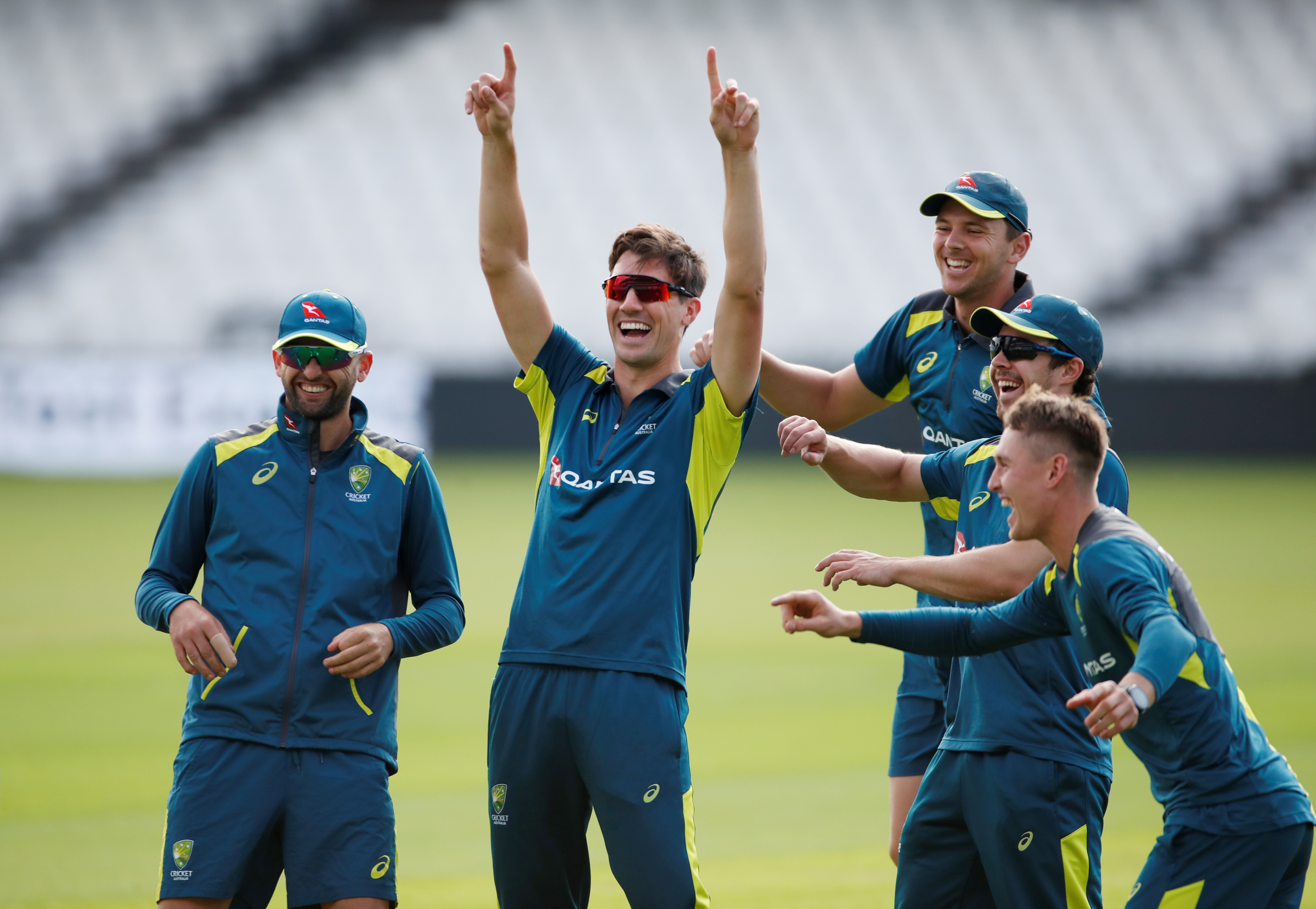 Australia's Pat Cummins, Nathan Lyon and Josh Hazlewood during nets