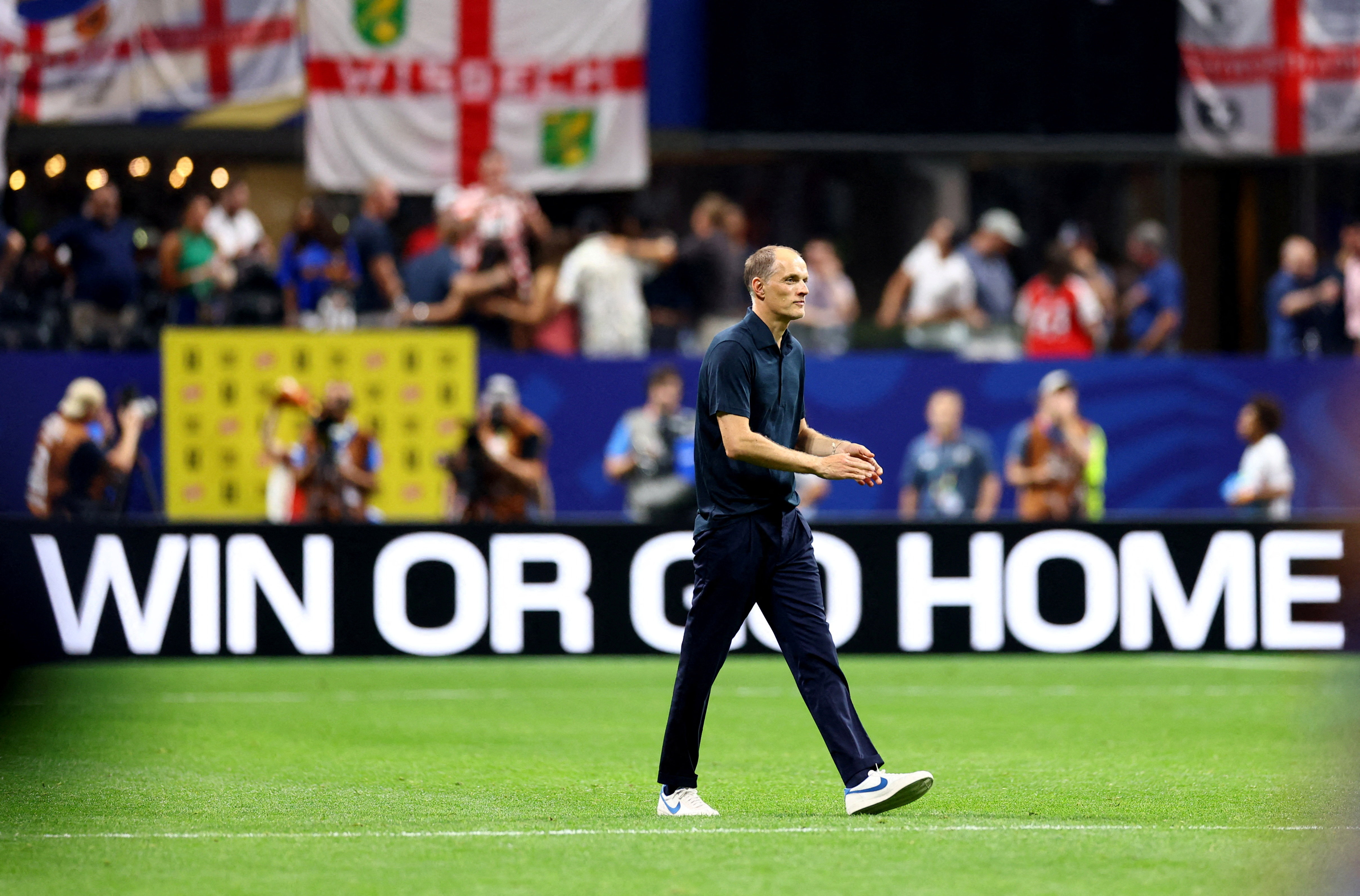 Soccer Football - FIFA World Cup 2026 - Round of 32 - England v DR Congo - Atlanta Stadium, Atlanta, Georgia, U.S. - July 1, 2026 England manager Thomas Tuchel celebrates after the match as England qualify for the round of 16 stage of the World Cup REUTERS/Claudia Greco TPX IMAGES OF THE DAY