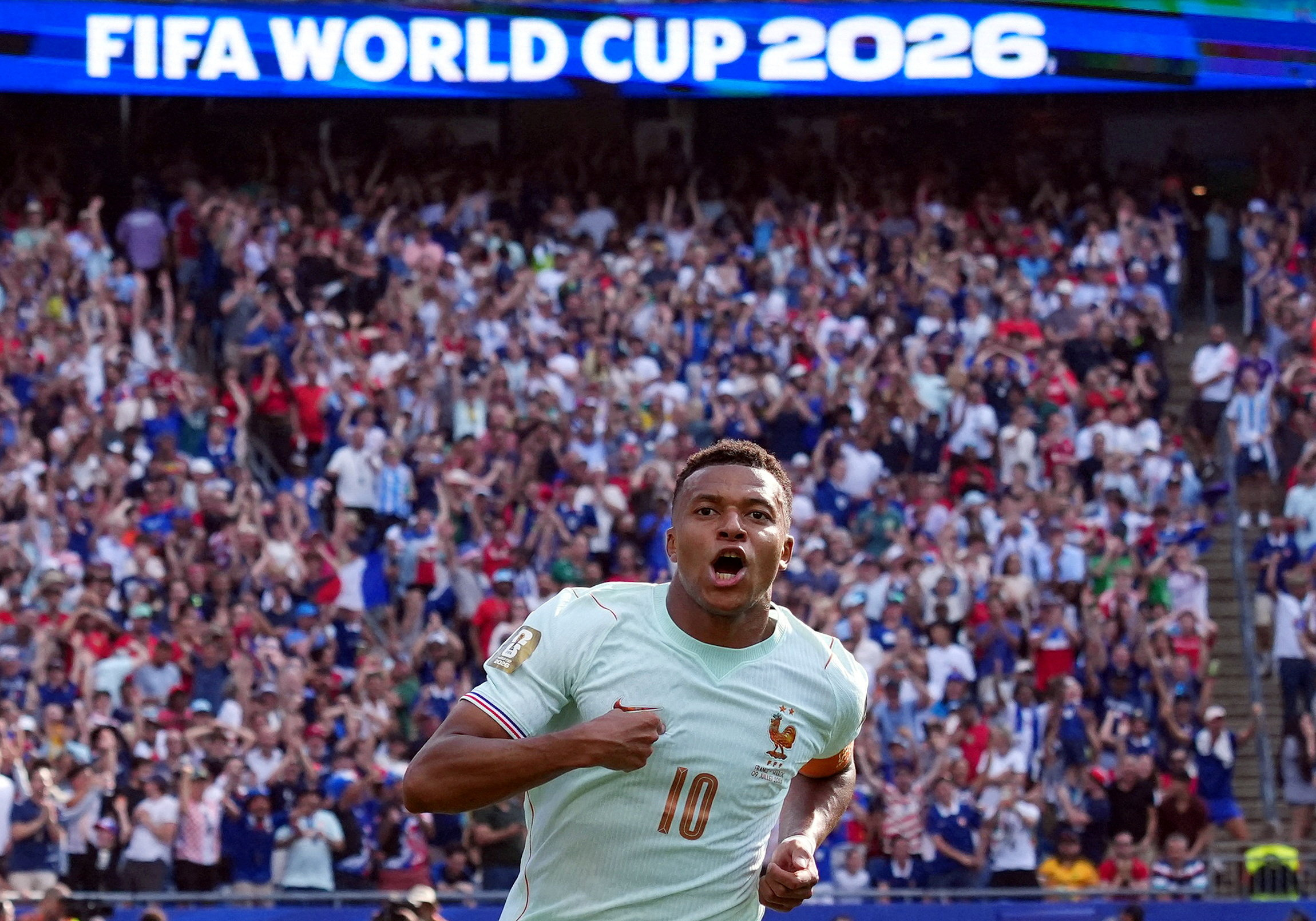 Mbappe celebrates scoring their first goal against Morocco