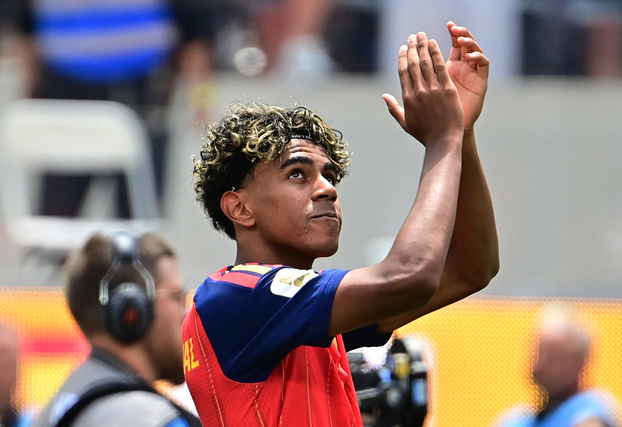 Lamine Yamal celebrates after the match as Spain qualify for the semifinal stage of the World Cup