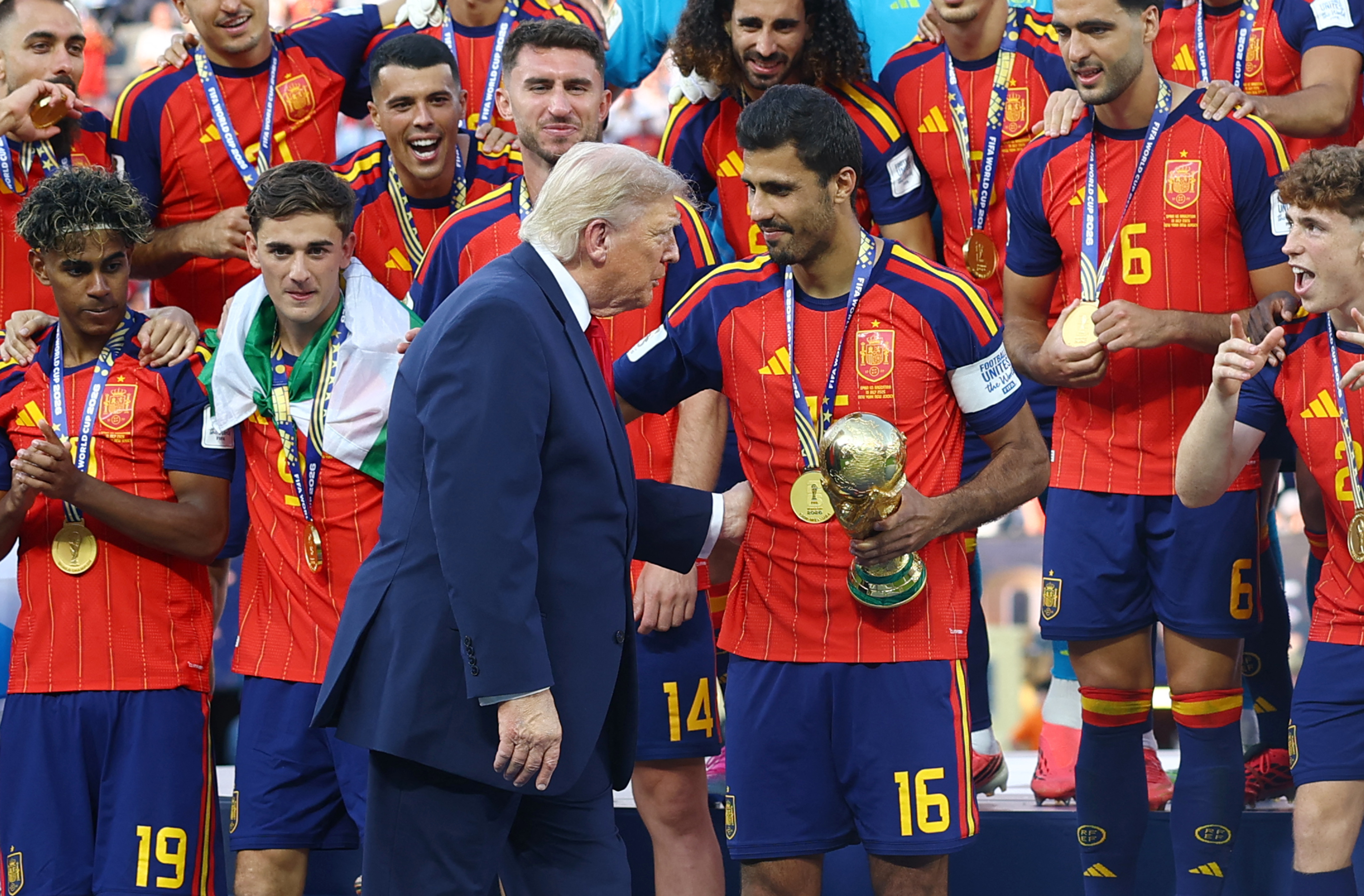 US President Donald Trump is greeted by Spain’s captain Rodri ahead of the World Cup trophy lift