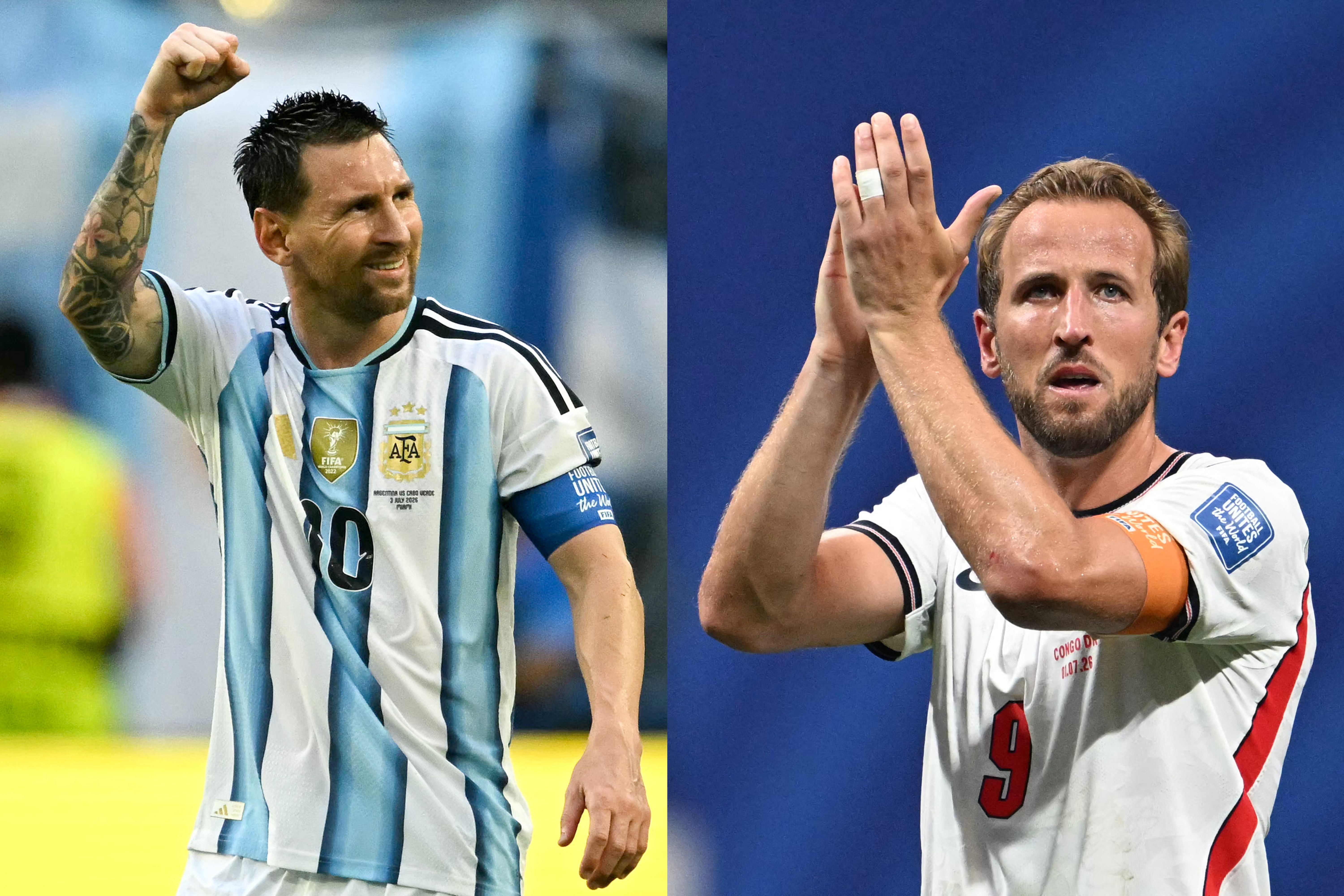 Lionel Messi (left) and Harry Kane will face off when Argentina play England in the World Cup 2026 semifinals [Chandan Khanna and Roberto Schmidt/AFP]