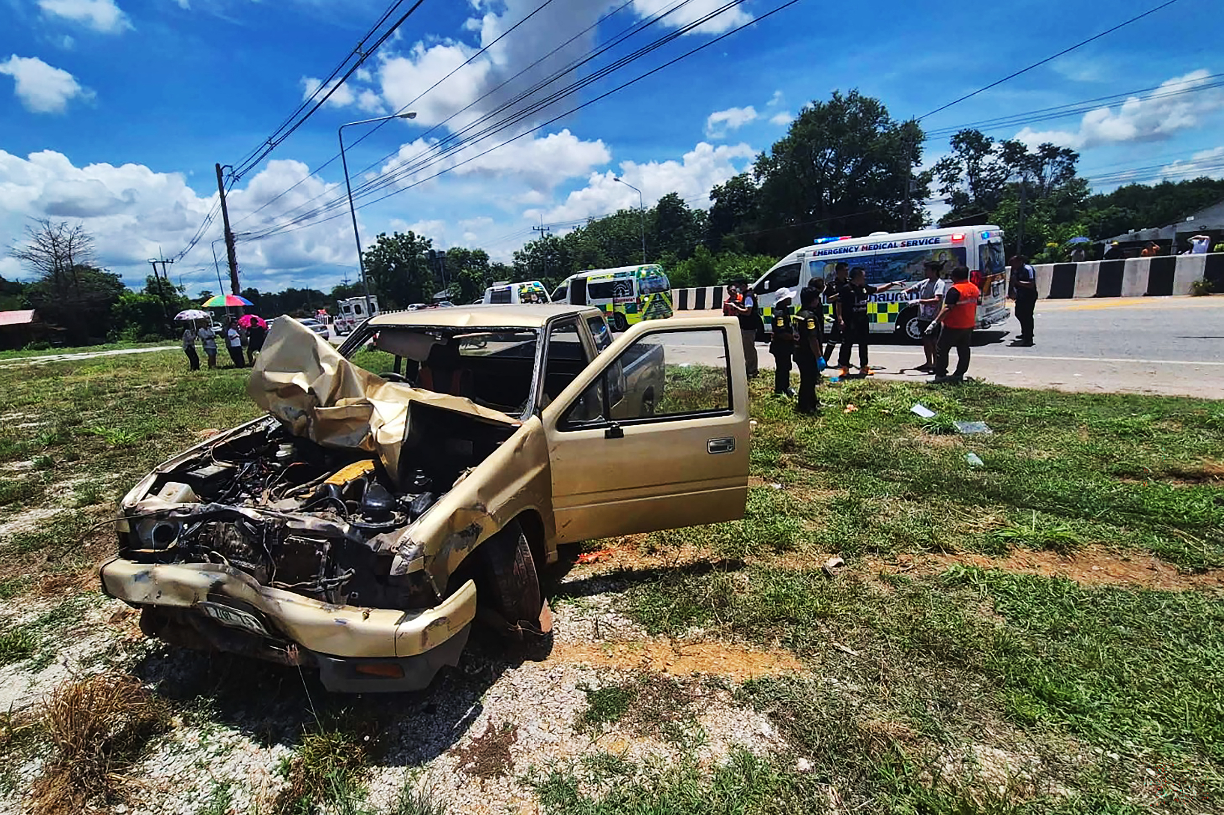 This handout photo taken and released on July 2, 2026 by Ruamjai Mukdahan Rescue Foundation shows the aftermath of a collision between a pickup truck driven by an 11-year old and a procession of Buddhist monks, killing eight monks and injuring more than 20 others, in the northeastern Thai province of Mukdahan. (Photo by handout / various sources / AFP) / NO USE AFTER JULY 11, 2026 09:15:36 GMT - RESTRICTED TO EDITORIAL USE - MANDATORY CREDIT "AFP PHOTO / RUAMJAI MUKDAHAN RESCUE FOUNDATION - NO MARKETING NO ADVERTISING CAMPAIGNS - DISTRIBUTED AS A SERVICE TO CLIENTS - NO ARCHIVE