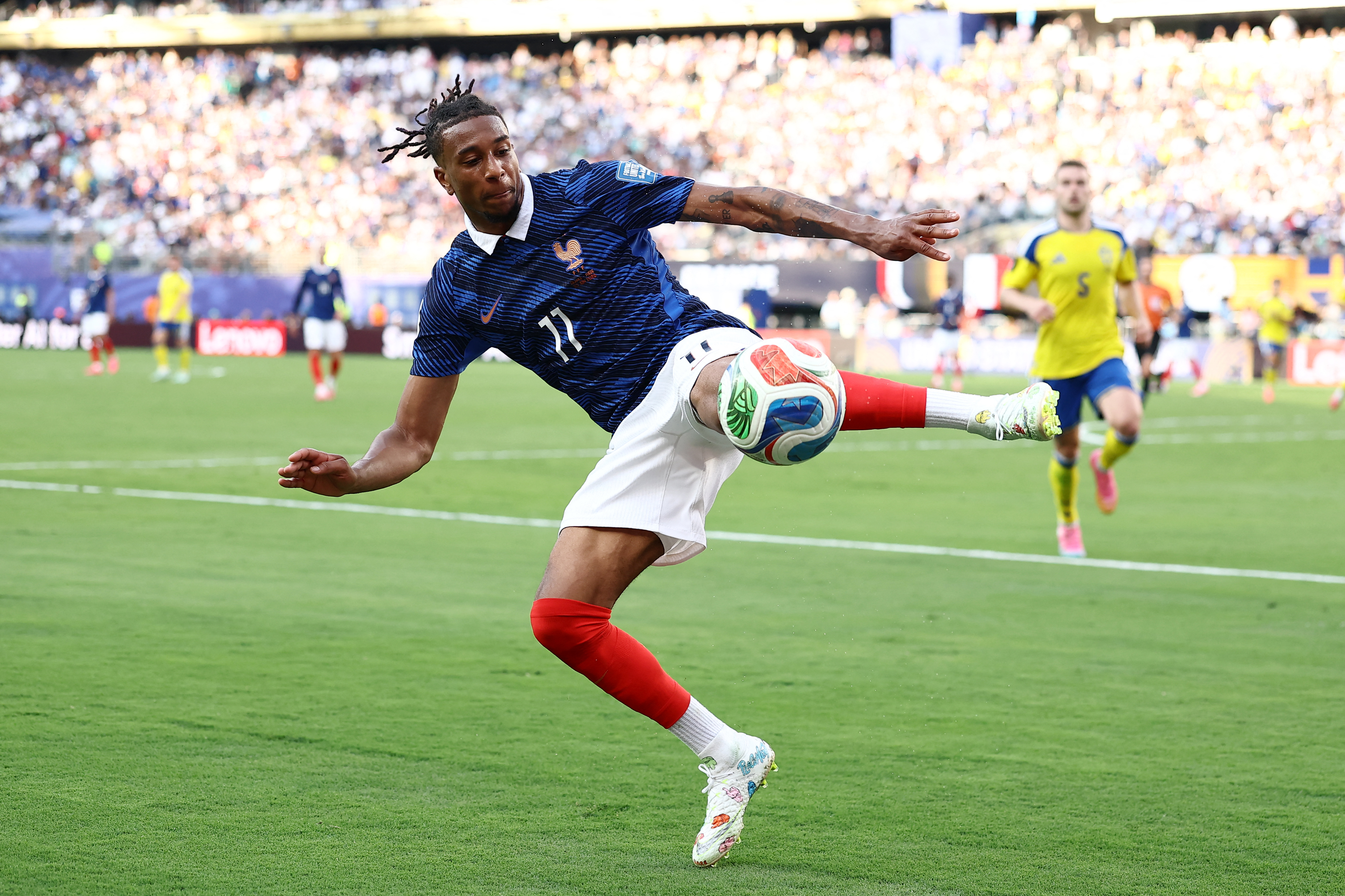 France's forward #11 Michael Olise kicks the ball during the 2026 World Cup round of 32 football match between France and Sweden at the New York/New Jersey Stadium in East Rutherford on June 30, 2026.