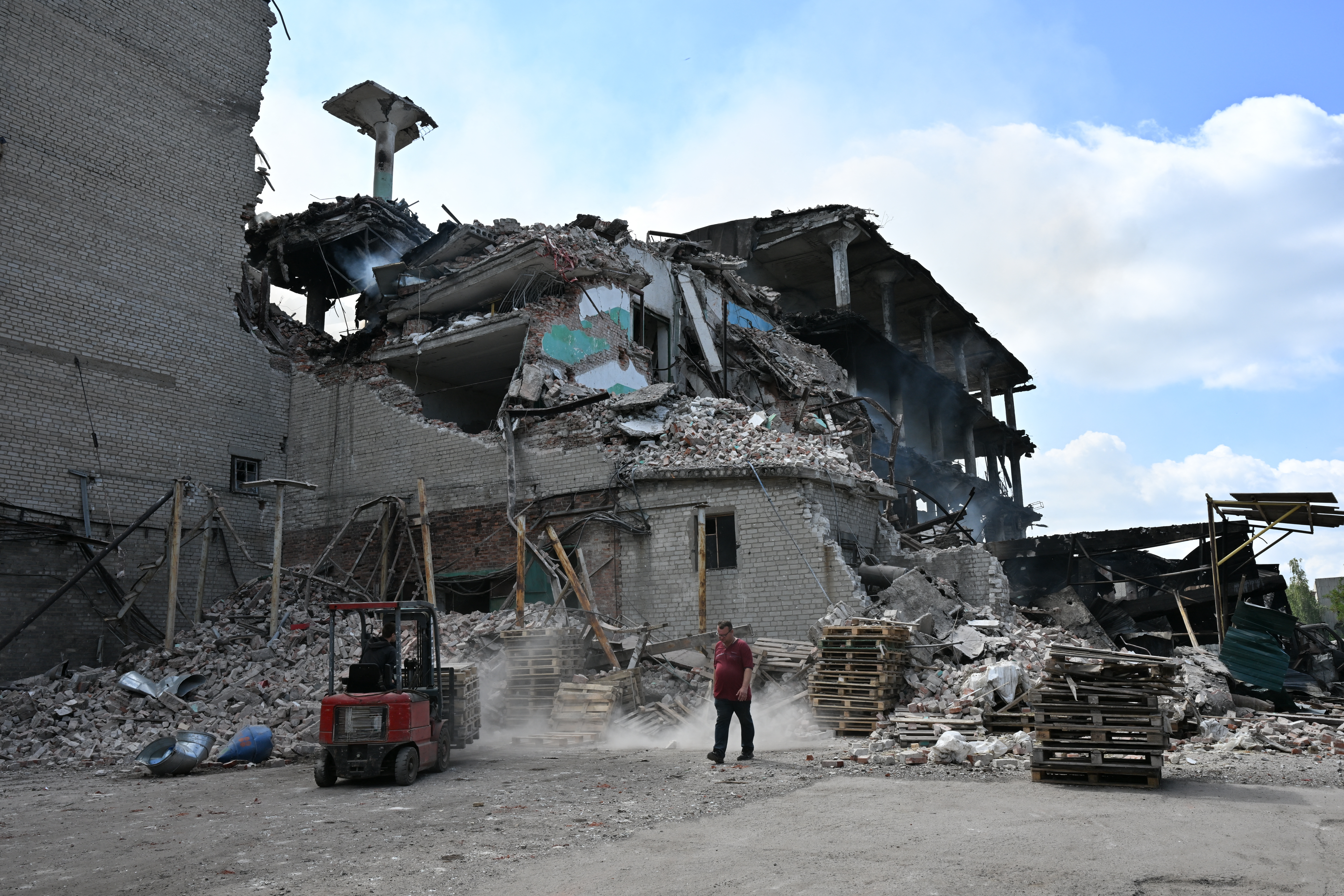 A view shows a heavily damaged confectionery factory following a recent attack, which local Russian-installed officials called a Ukrainian strike, in the town of Gorlivka in the Donetsk region, Russian-controlled Ukraine, on July 17, 2026, amid the ongoing Russian-Ukrainian conflict.