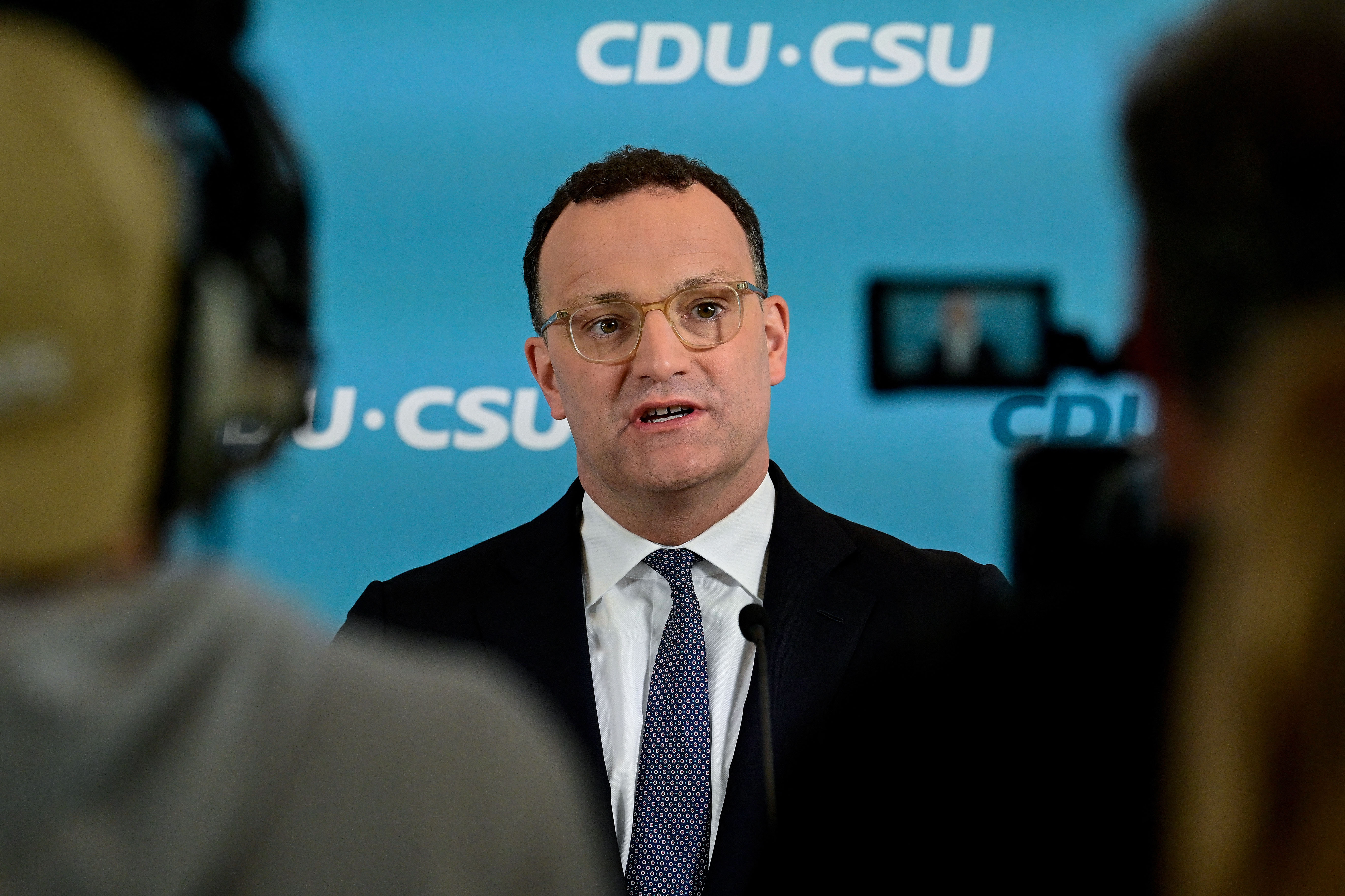 (FILES) Parliamentary group leader of Germany's Christian Democratic Union (CDU) Jens Spahn speaks to journalists prior to a meeting of the CDU/CSU Parliamentary group in the Bundestag in Berlin on May 5, 2026.