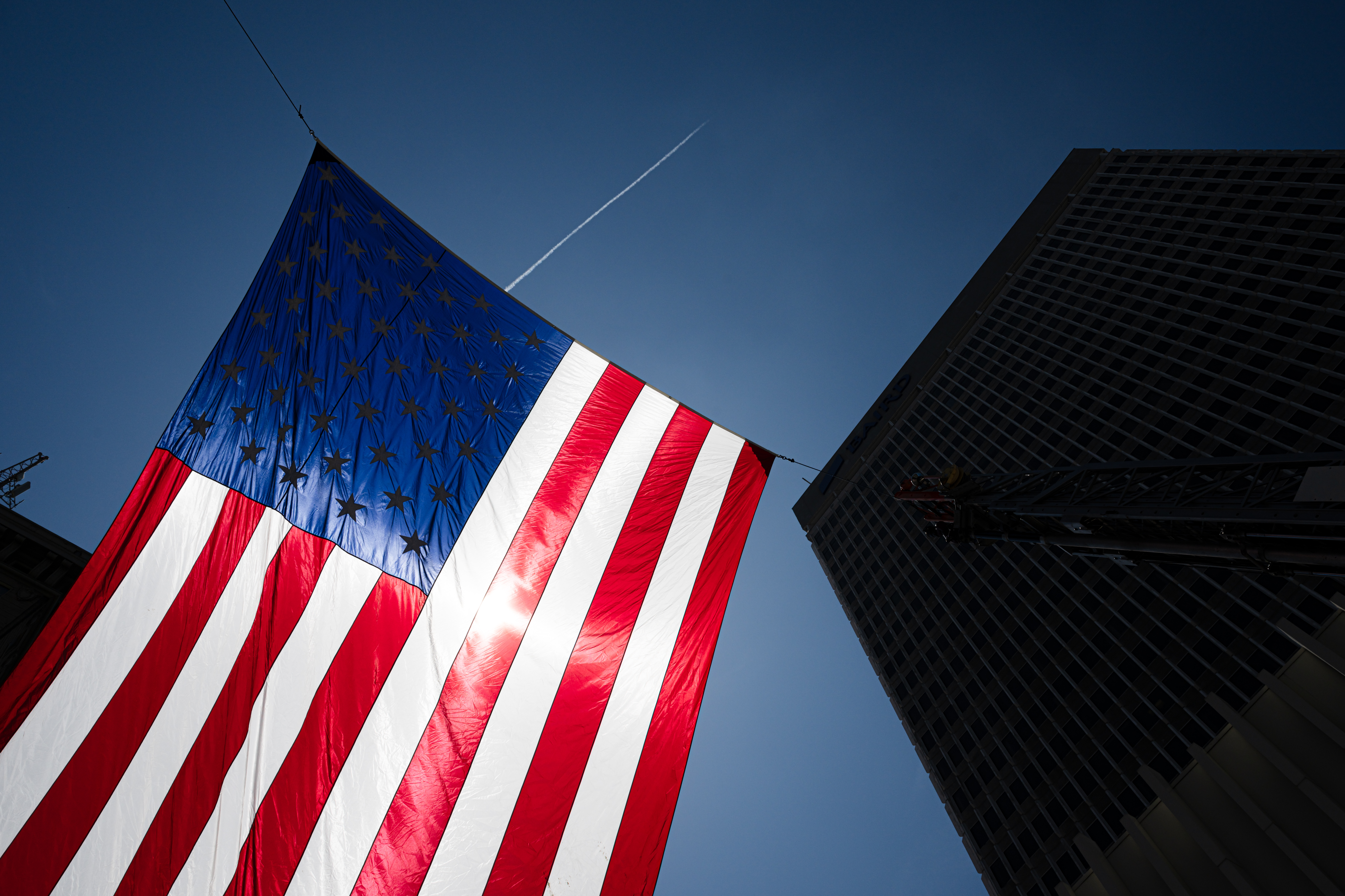 A large American flag is seen during the "O Say Can You See!" event honoring America's 250th Anniversary, Saturday, July 4, 2026, in Louisville, Ky. (AP Photo/Jon Cherry)
