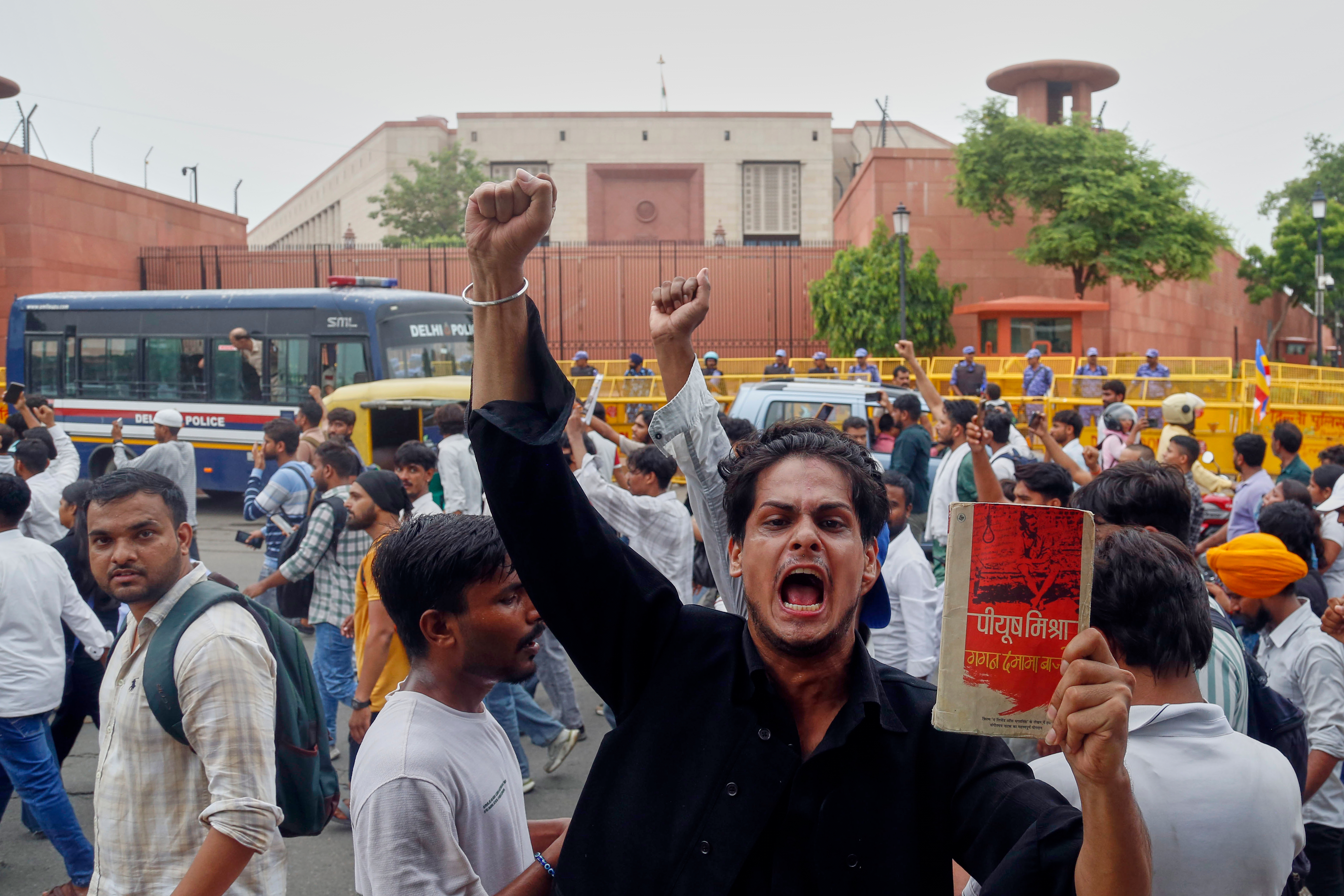 A supporter of the Cockroach Janta Party shout anti government slogans.