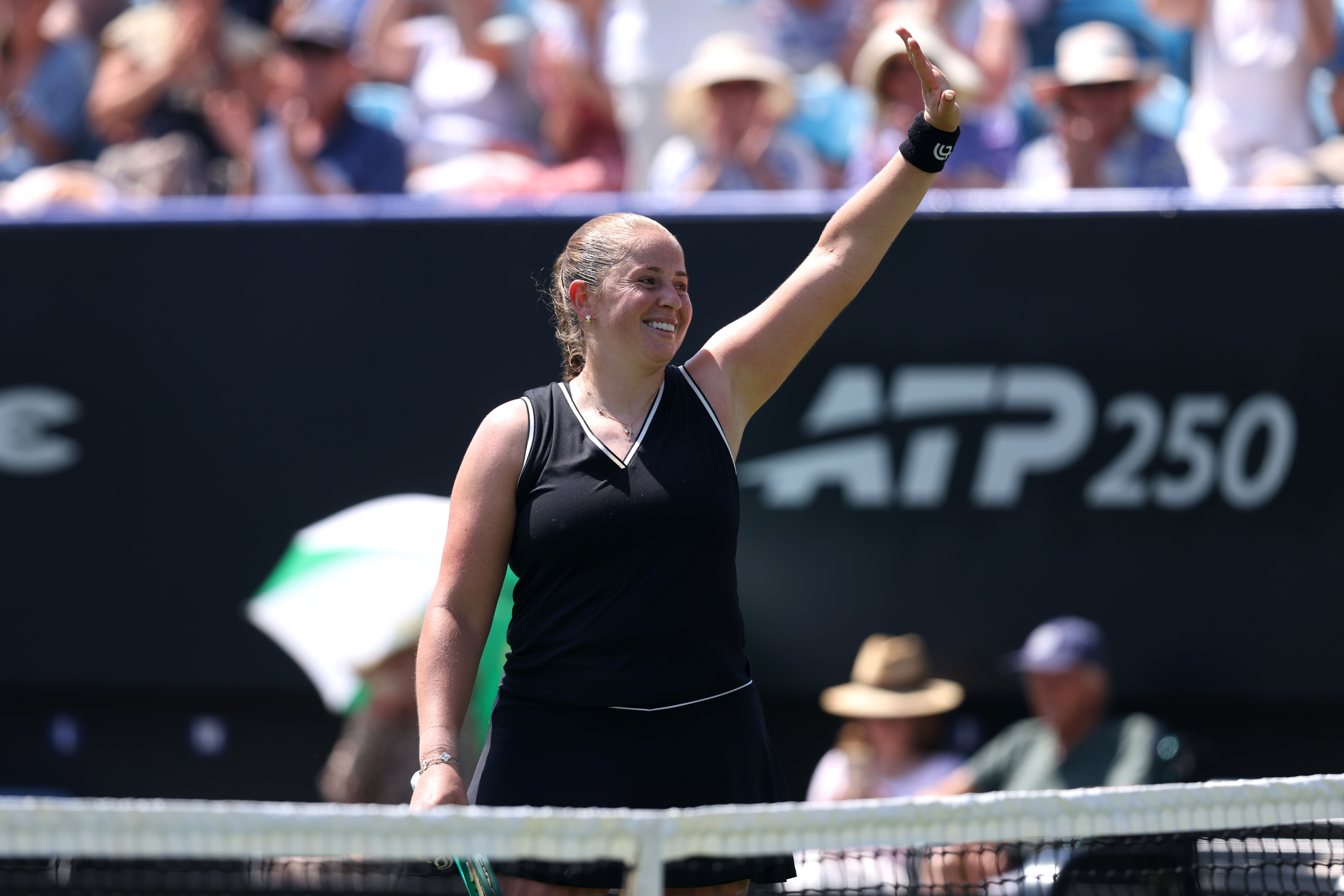 EASTBOURNE, ENGLAND - JUNE 25: Jelena Ostapenko of Latvia celebrates following victory against Zeynep Sonmez of Turkiye during the Women's Singles Quarter Final on Day Four of the Lexus Eastbourne Open at Devonshire Park on June 25, 2026 in Eastbourne, England. (Photo by Charlie Crowhurst/Getty Images for LTA)
