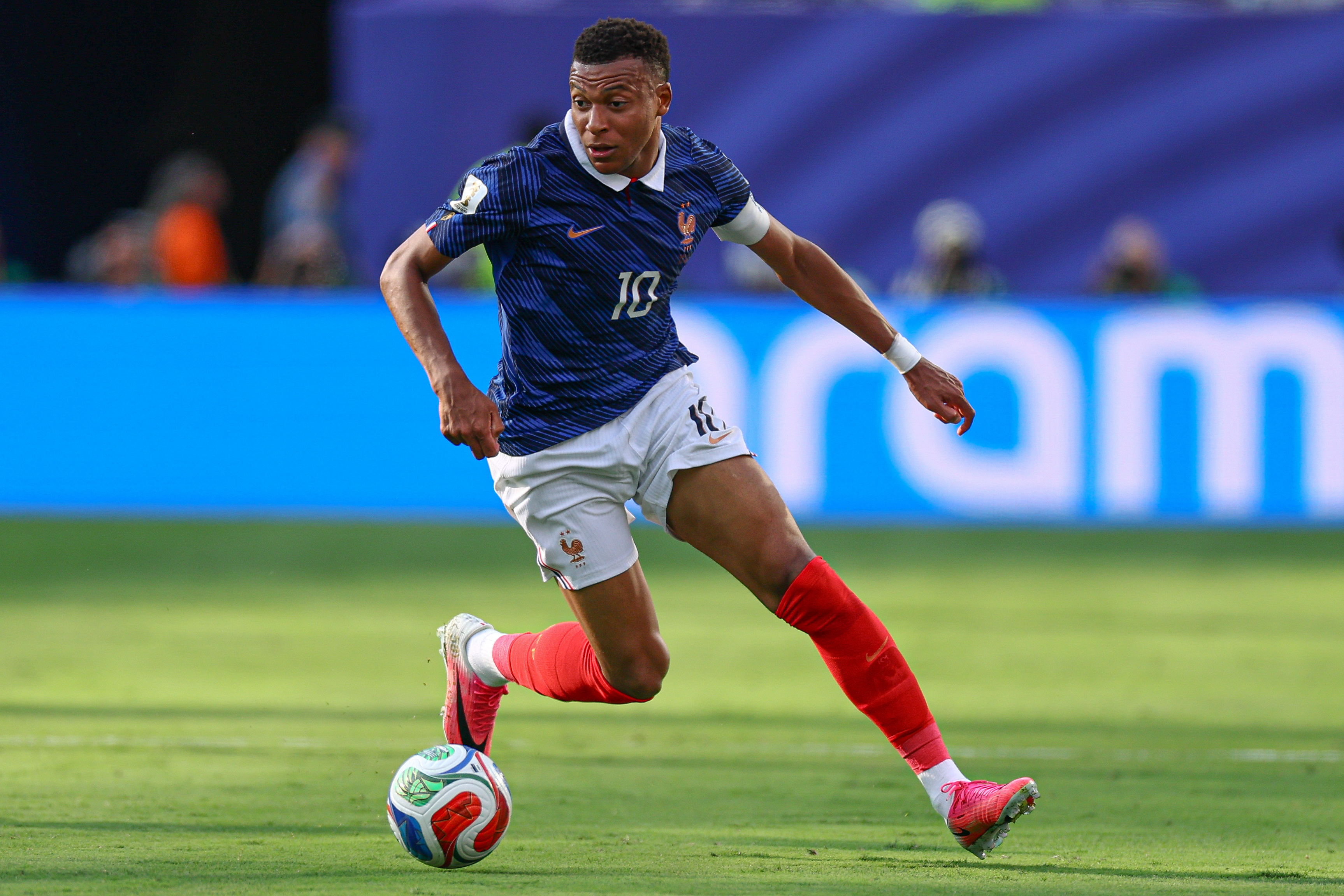 Jun 30, 2026; East Rutherford, New Jersey, USA; France forward Kylian Mbappe (10) in action against Sweden during a Round of 32 match of the 2026 FIFA World Cup at New York New Jersey Stadium. Mandatory Credit: Vincent Carchietta-Imagn Images