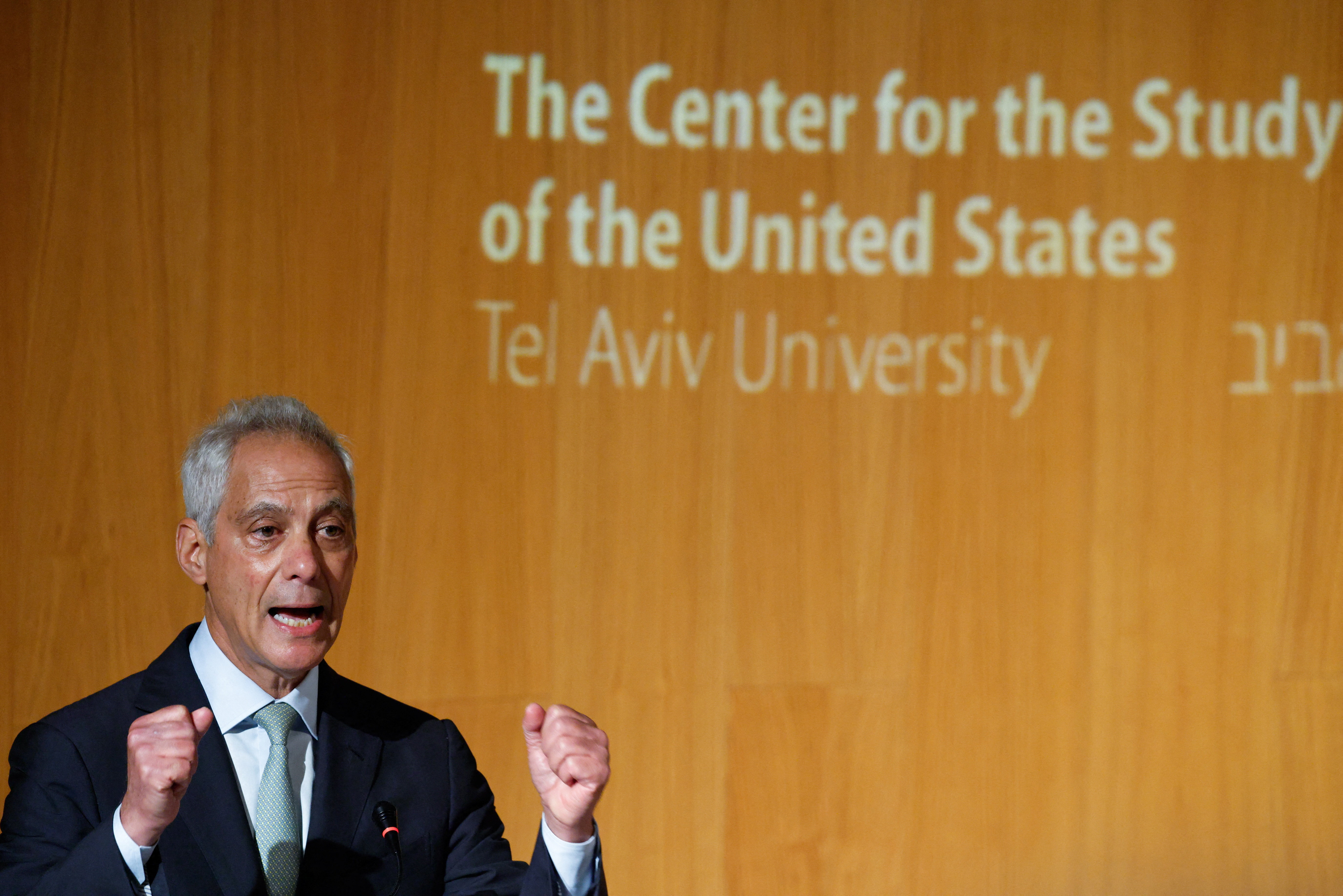 Former White House chief of staff Rahm Emanuel attends an event at Tel Aviv University in Tel Aviv, Israel, July 8, 2026. REUTERS/Amir Cohen