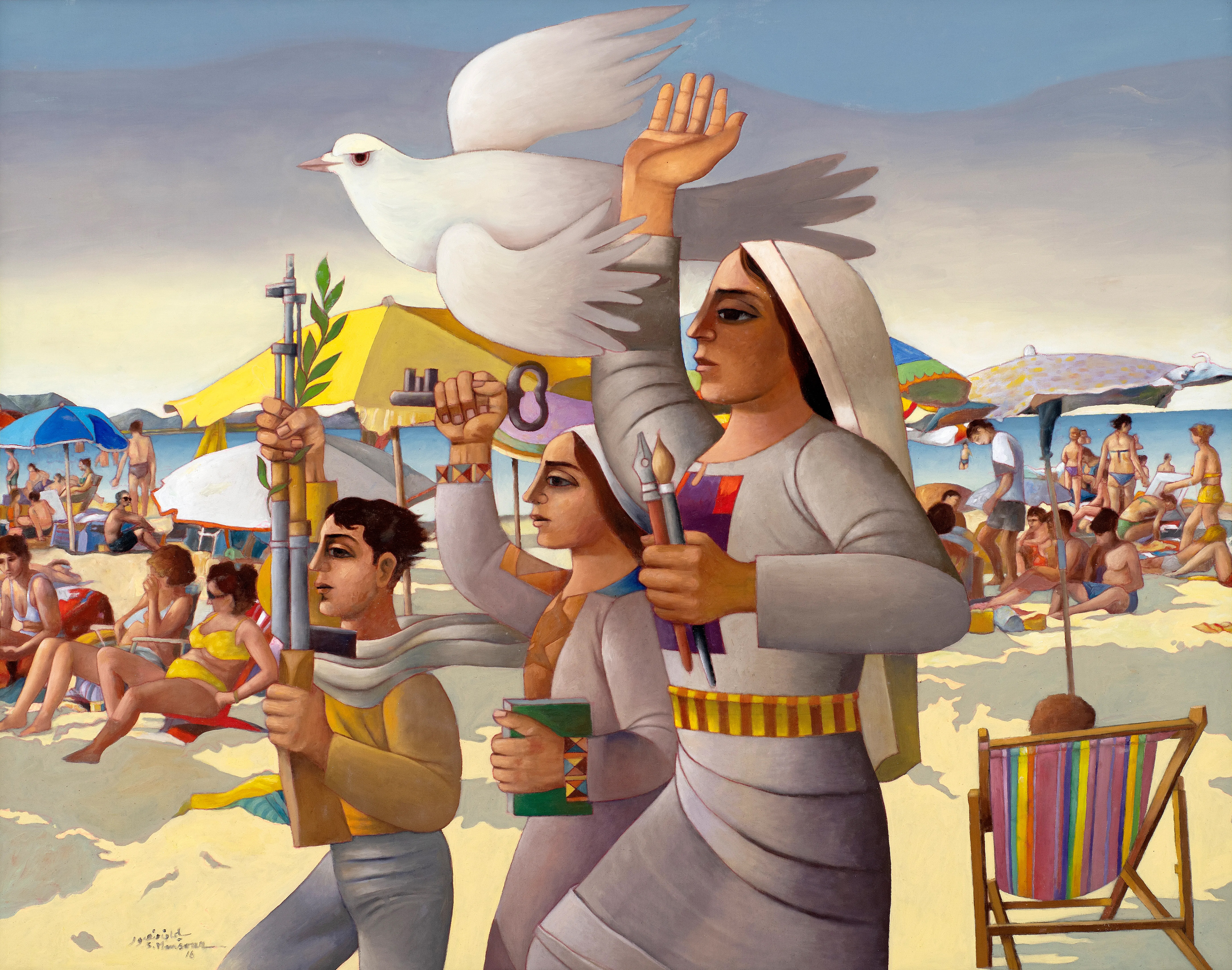 The work, titled “The Sea Is Mine” (2016), depicts a symbolic scene of three Palestinian figures—a woman, a girl, and a child—walking on the beach with their hands raised. They hold prominent Palestinian symbols: a pen, a paintbrush, a rifle, an olive branch, and the key of return. Above them, a white dove, symbolizing peace, hovers. In the background, the beach is visible. This composition expresses the steadfastness of the Palestinian people in the face of marginalization and occupation. (Al Jazeera, courtesy of Suleiman Mansour)