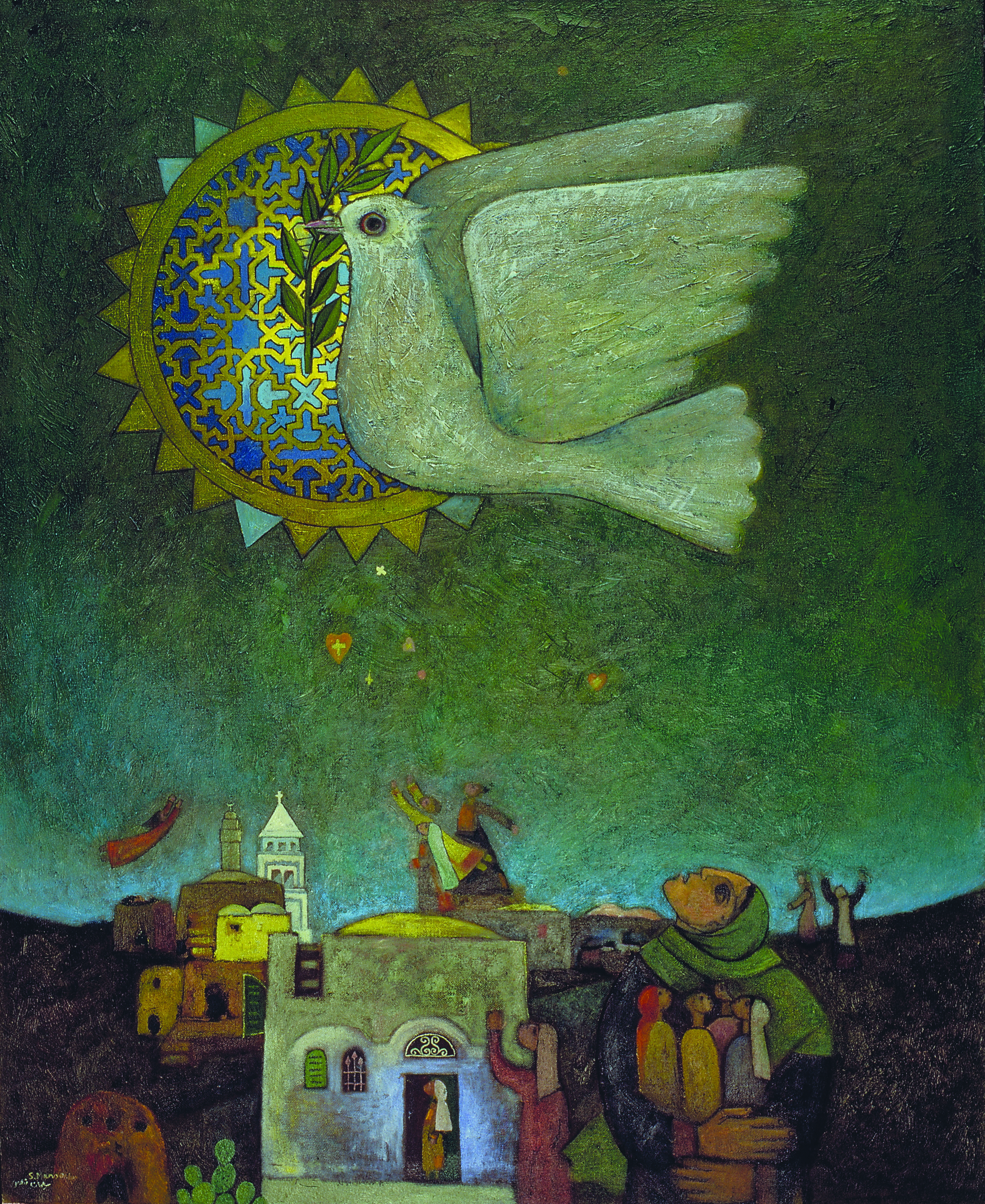 The Palestinian artist Suleiman Mansour's work, titled “Symbol of Hope” (1985), depicts a symbolic scene of a Palestinian village, where its inhabitants look up at the sky in a moment of contemplation, to see a dove of peace flying above them (Al Jazeera, courtesy of Suleiman Mansour).