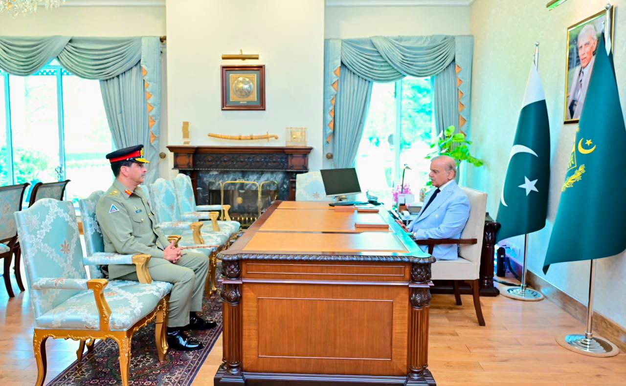 Pakistan’s Prime Minister Shehbaz Sharif meeting General Syed Aamer Raza at the Prime Minister’s Office in July after his appointment as CNSC