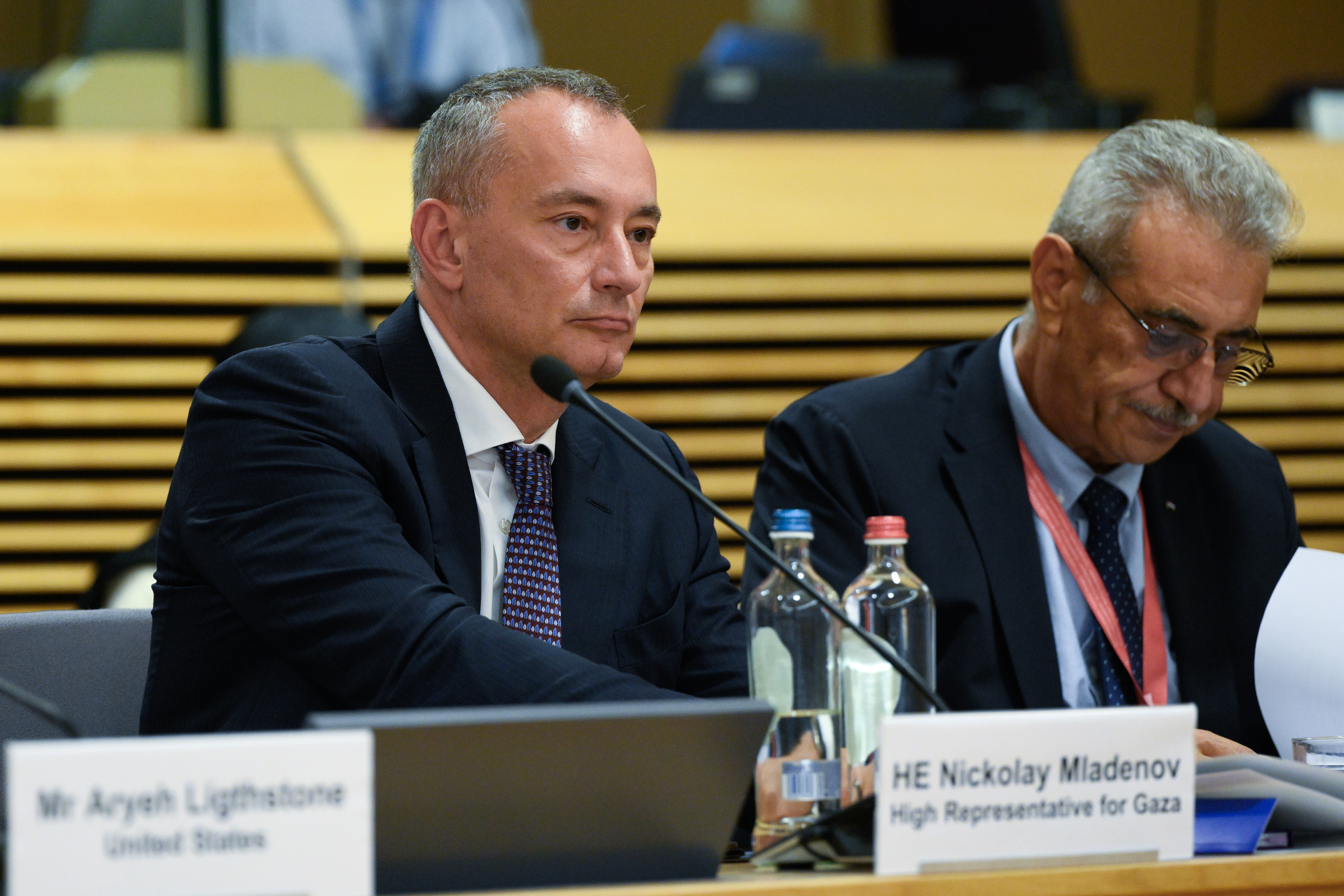 UN Special Coordinator for the Middle East Peace Process Nickolay Mladenov, left, attends a round table meeting of the Palestinian Donor Group at EU headquarters in Brussels, Monday, July 13, 2026. (John Thys, Pool Photo via AP)